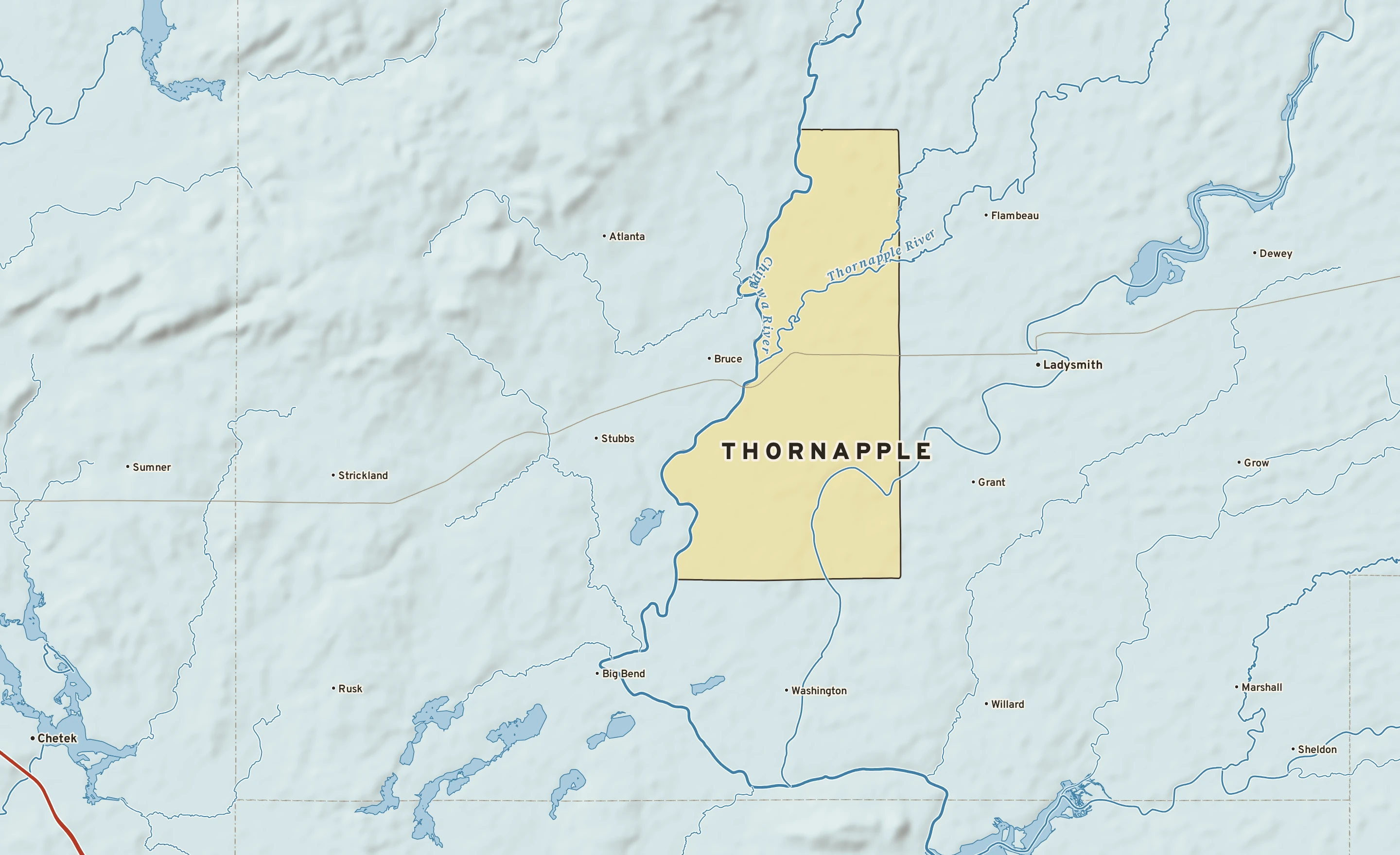 Shaded-relief atlas plate of Thornapple, Wisconsin: rivers, roads, the city limits and where the water drains.