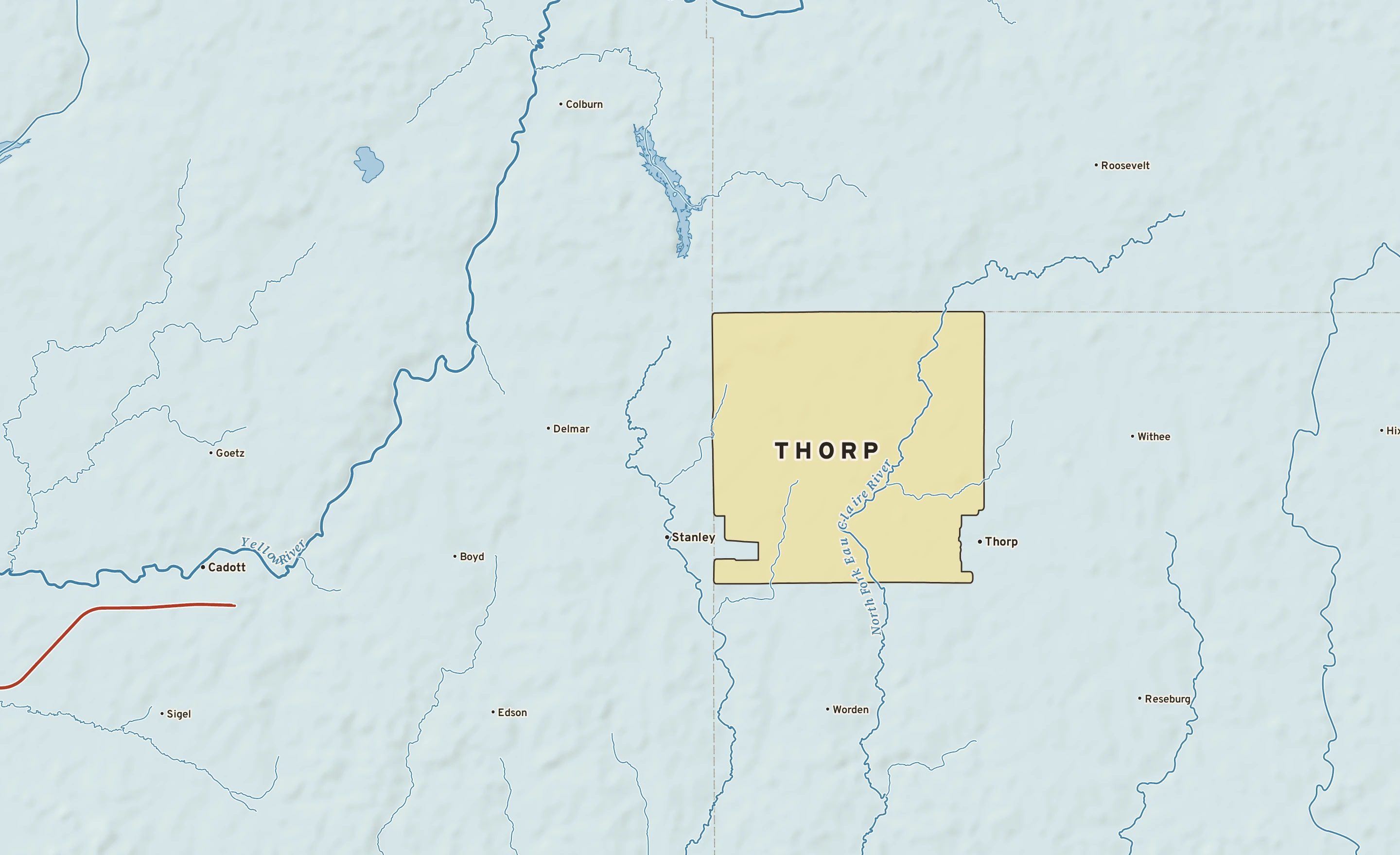 Shaded-relief atlas plate of Thorp, Wisconsin: rivers, roads, the city limits and where the water drains.