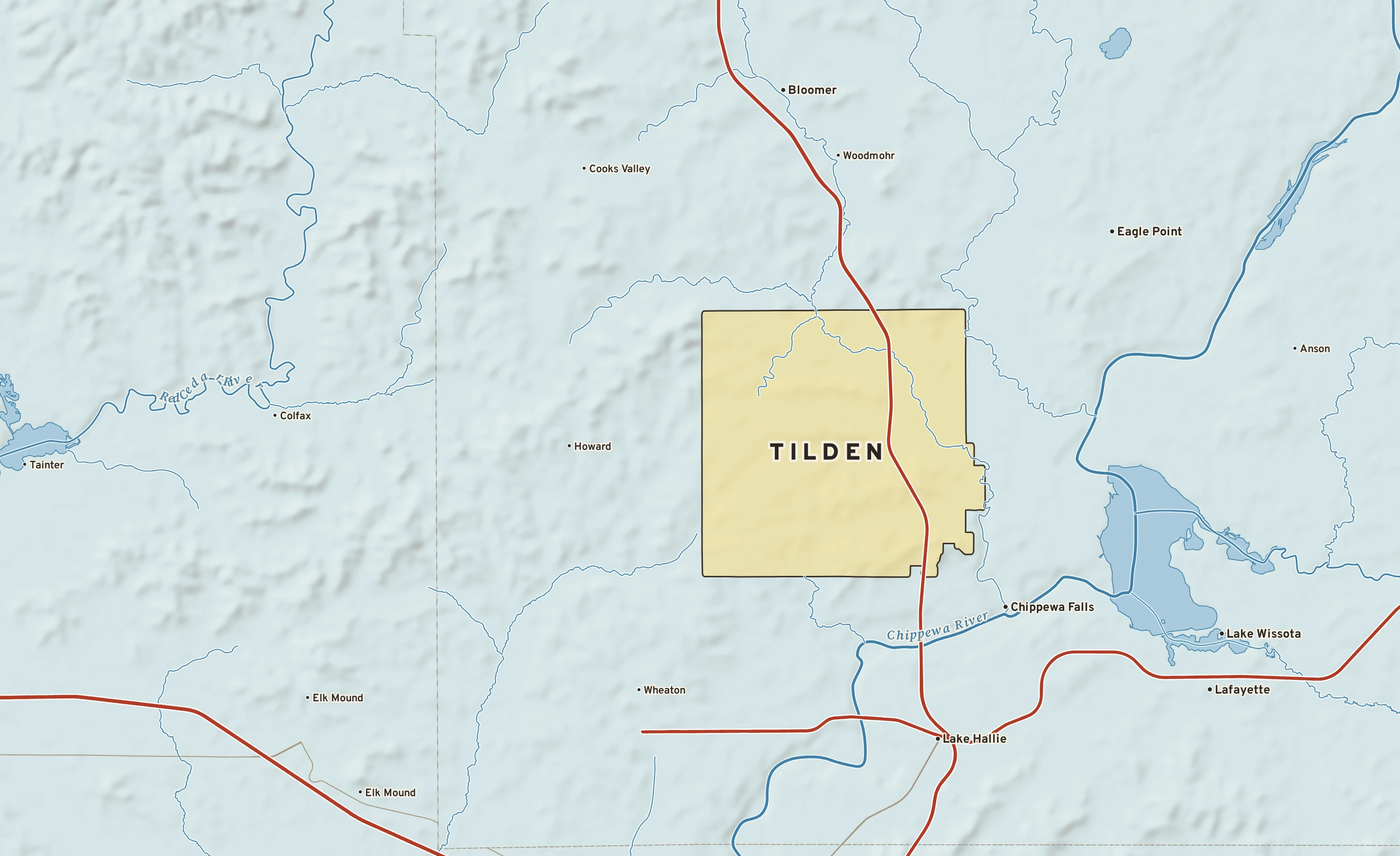 Shaded-relief atlas plate of Tilden, Wisconsin: rivers, roads, the city limits and where the water drains.