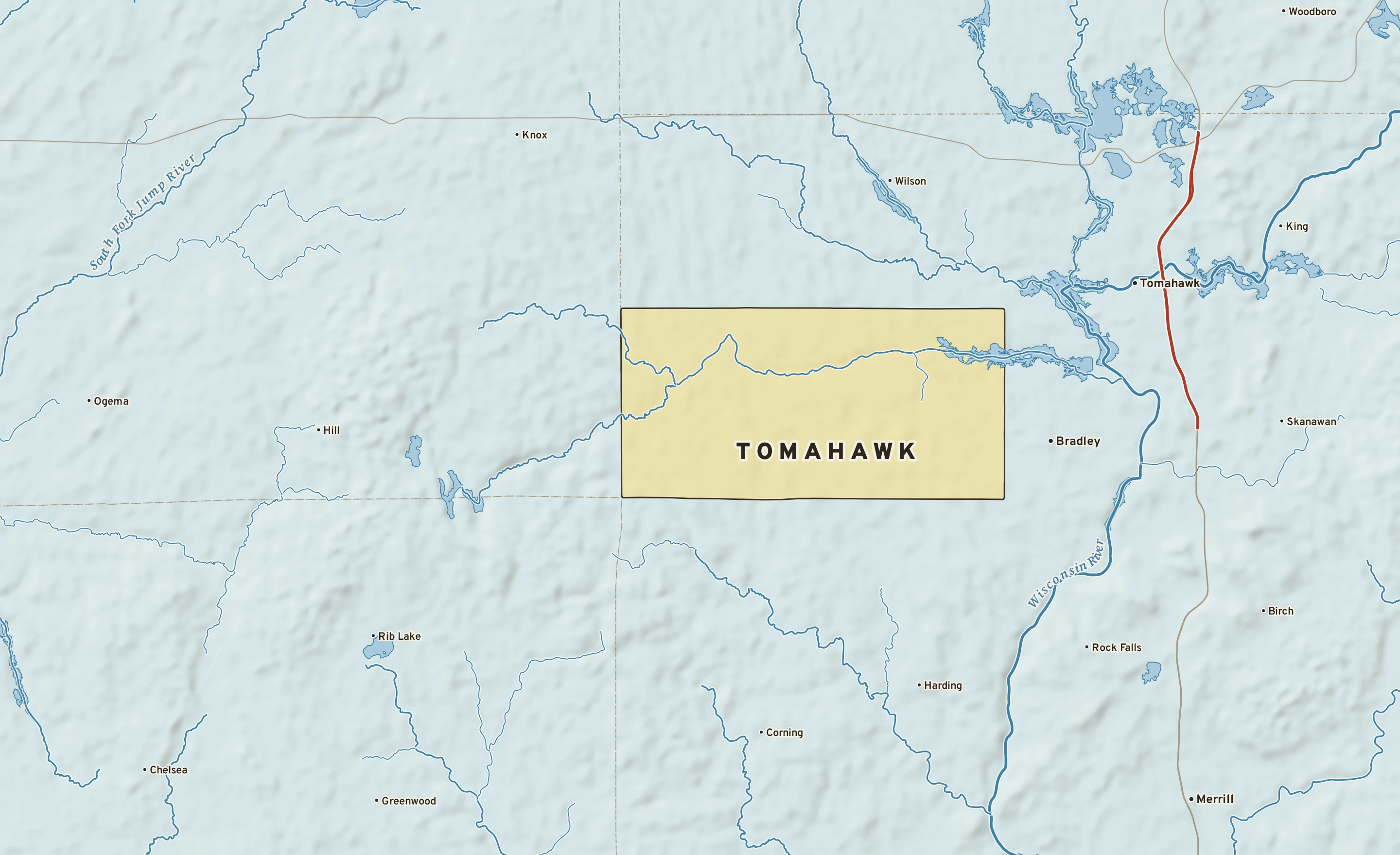 Shaded-relief atlas plate of Tomahawk, Wisconsin: rivers, roads, the city limits and where the water drains.