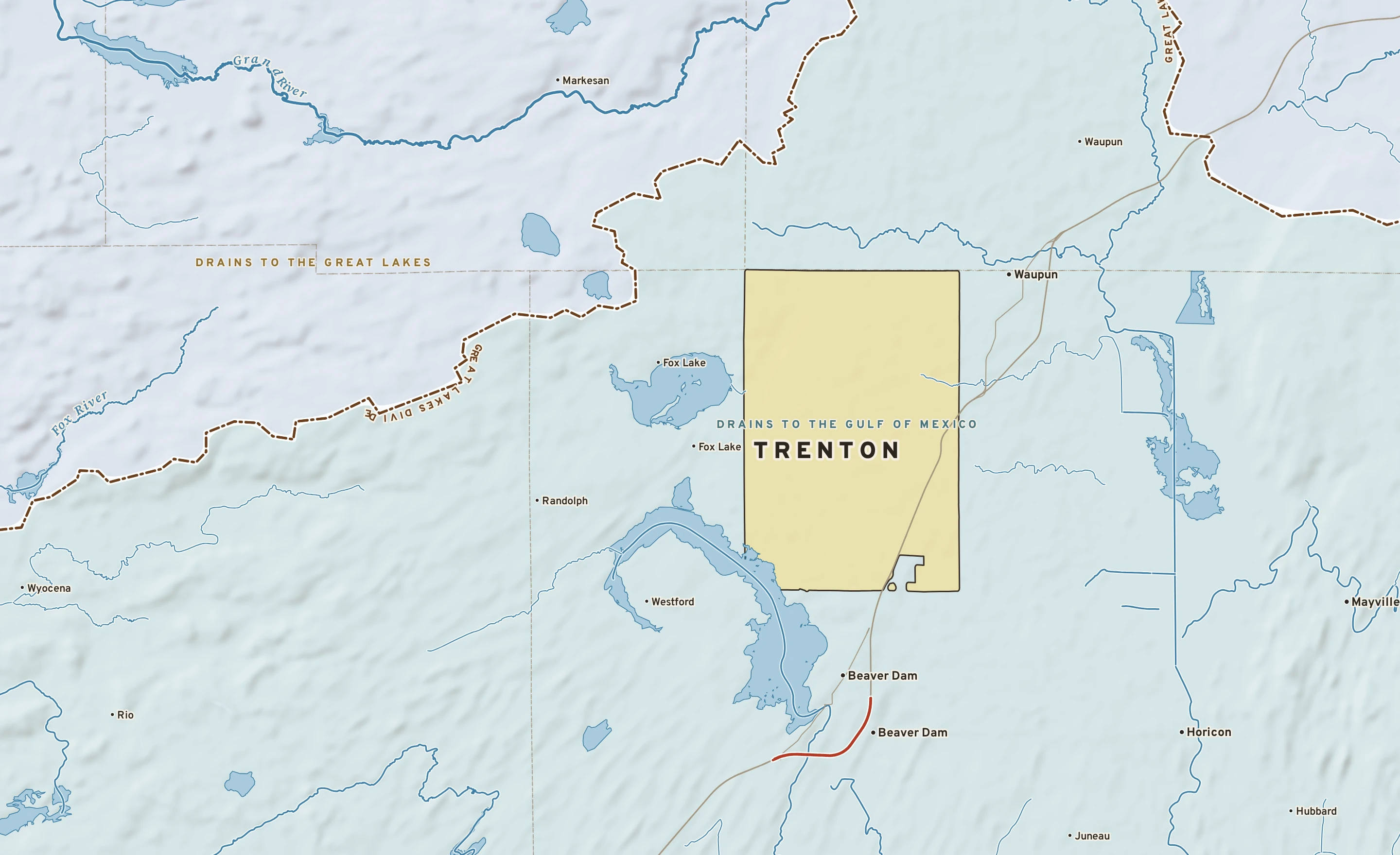 Shaded-relief atlas plate of Trenton, Wisconsin: rivers, roads, the city limits and where the water drains.