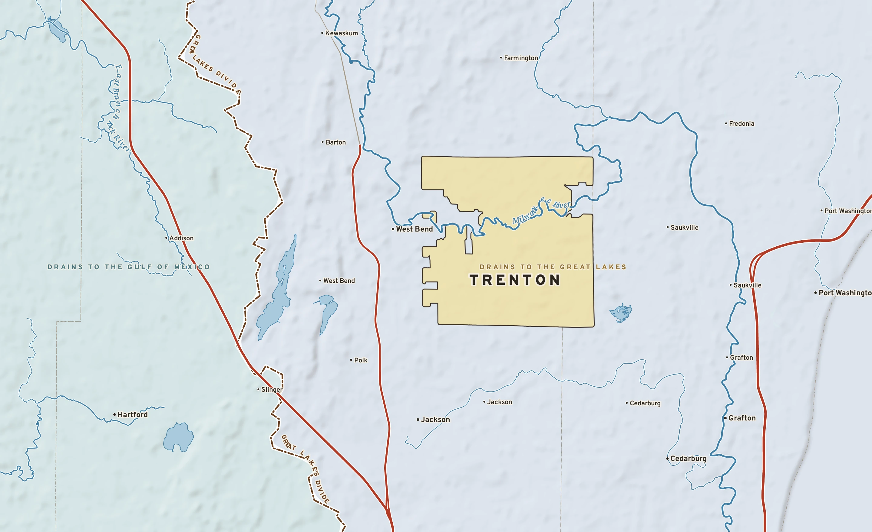 Shaded-relief atlas plate of Trenton, Wisconsin: rivers, roads, the city limits and where the water drains.