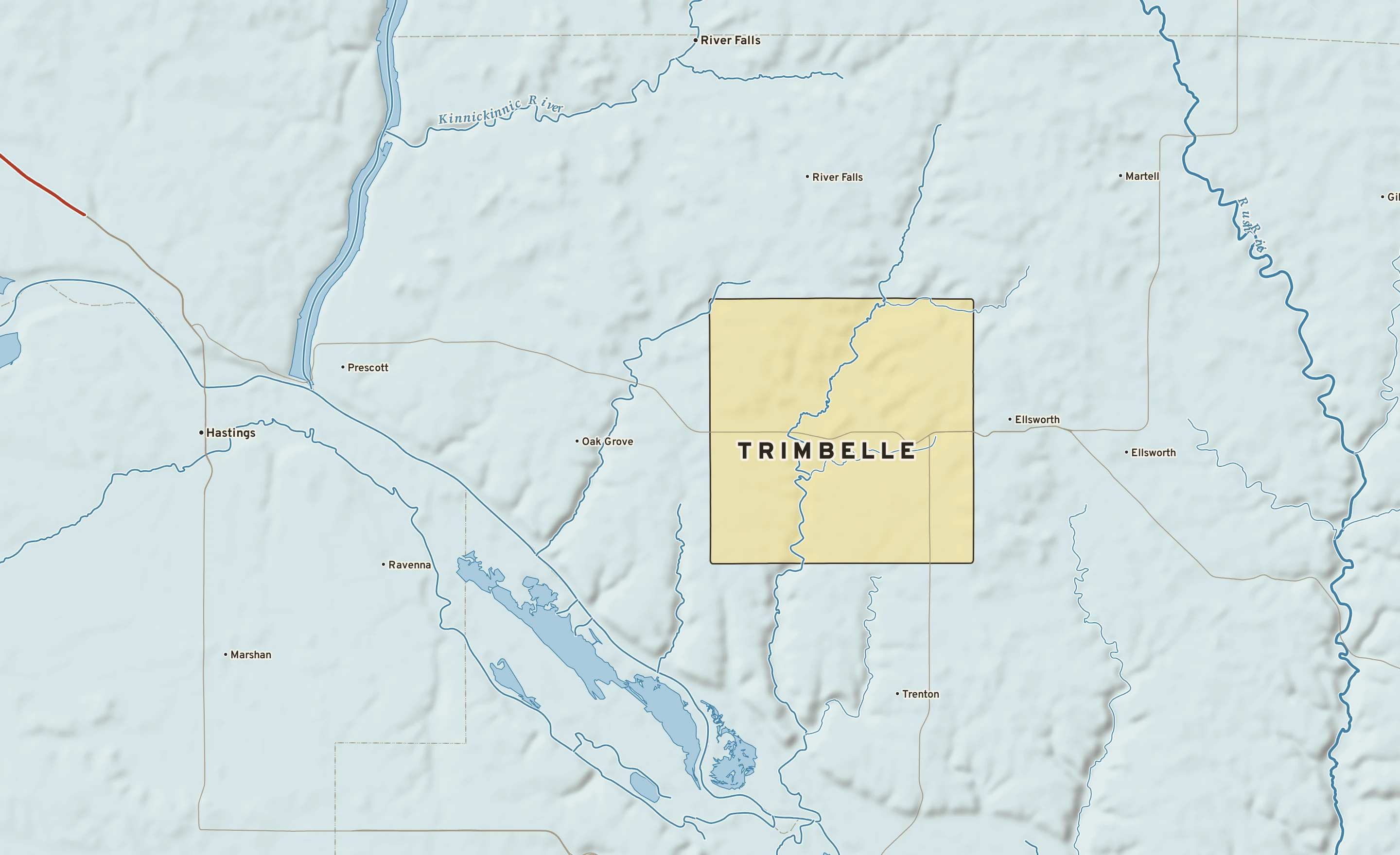 Shaded-relief atlas plate of Trimbelle, Wisconsin: rivers, roads, the city limits and where the water drains.
