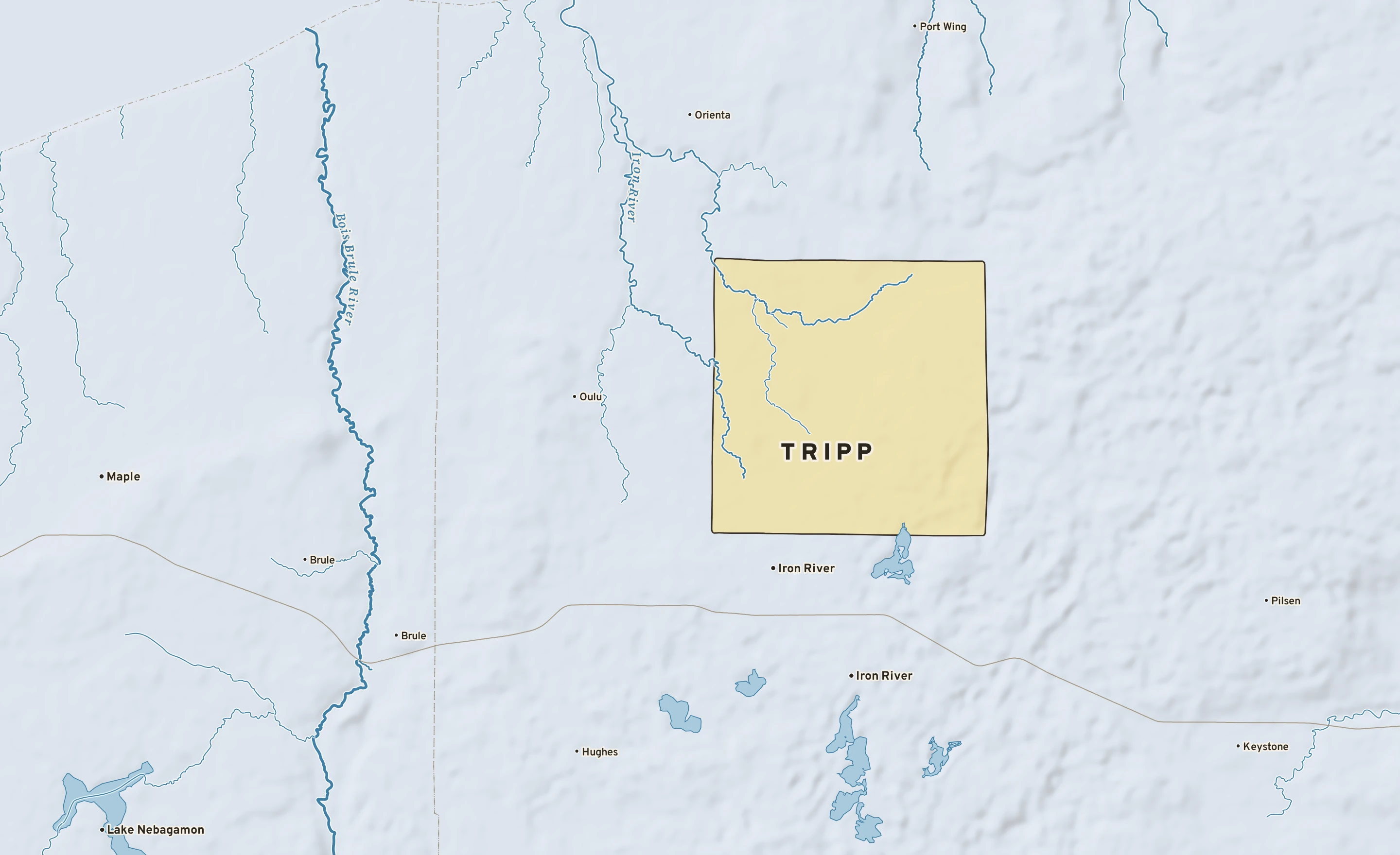 Shaded-relief atlas plate of Tripp, Wisconsin: rivers, roads, the city limits and where the water drains.