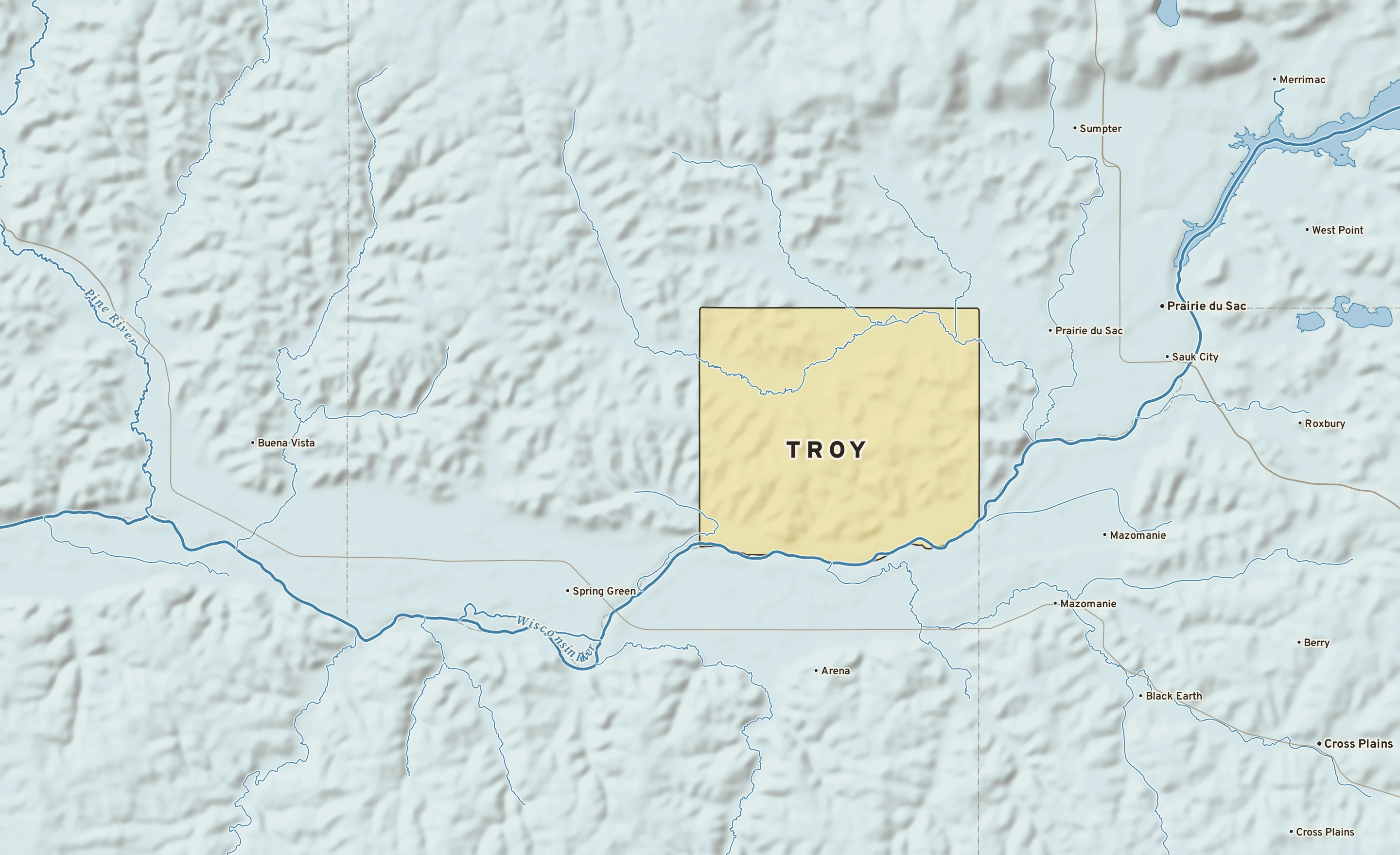 Shaded-relief atlas plate of Troy, Wisconsin: rivers, roads, the city limits and where the water drains.