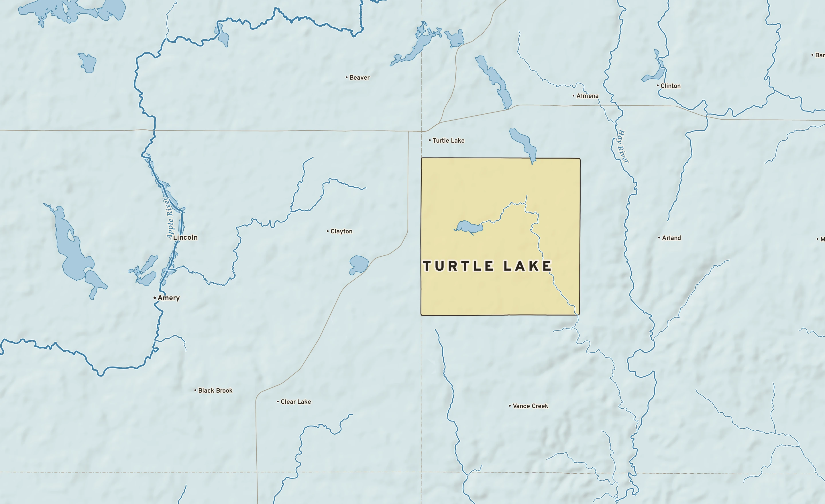 Shaded-relief atlas plate of Turtle Lake, Wisconsin: rivers, roads, the city limits and where the water drains.