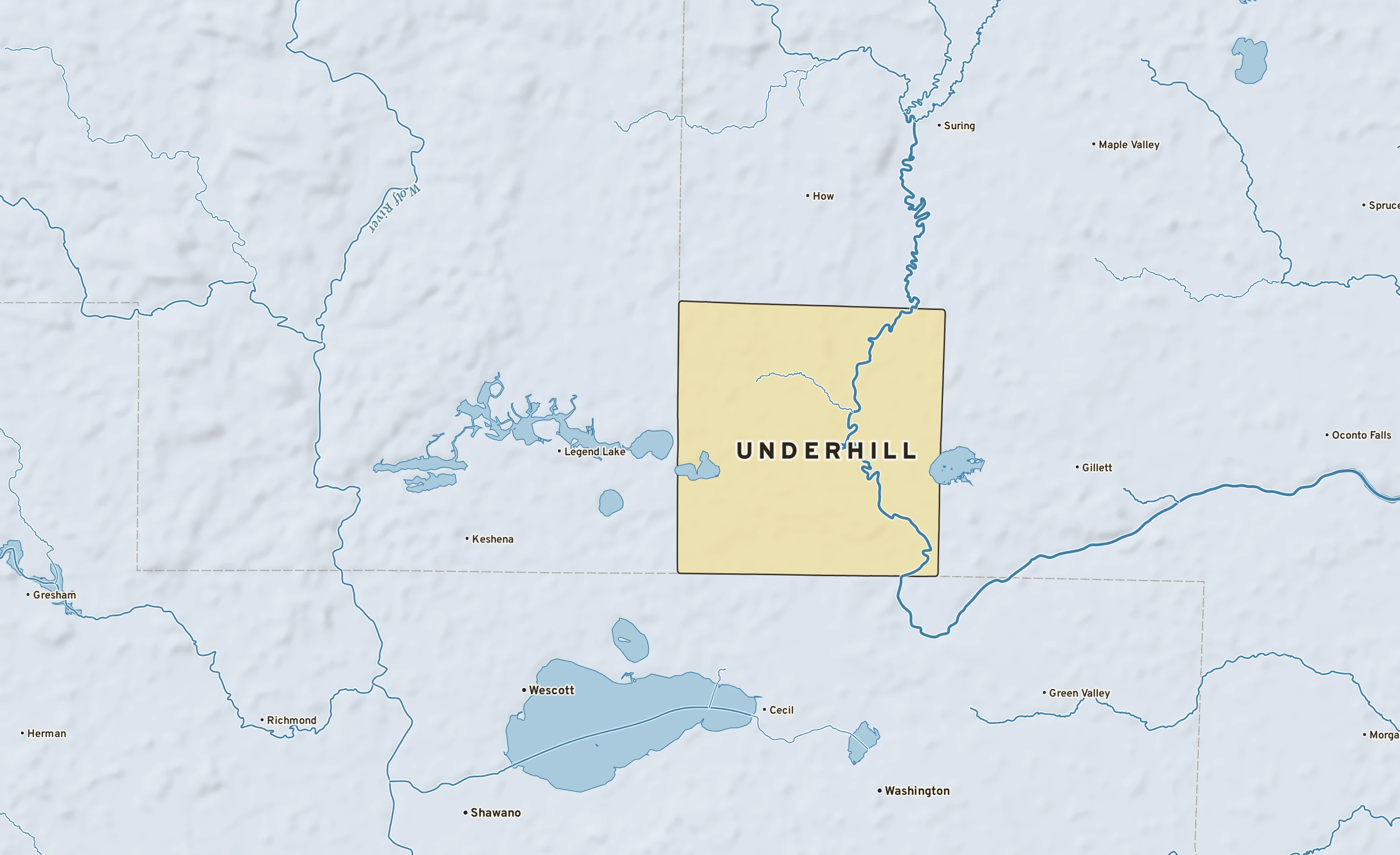 Shaded-relief atlas plate of Underhill, Wisconsin: rivers, roads, the city limits and where the water drains.