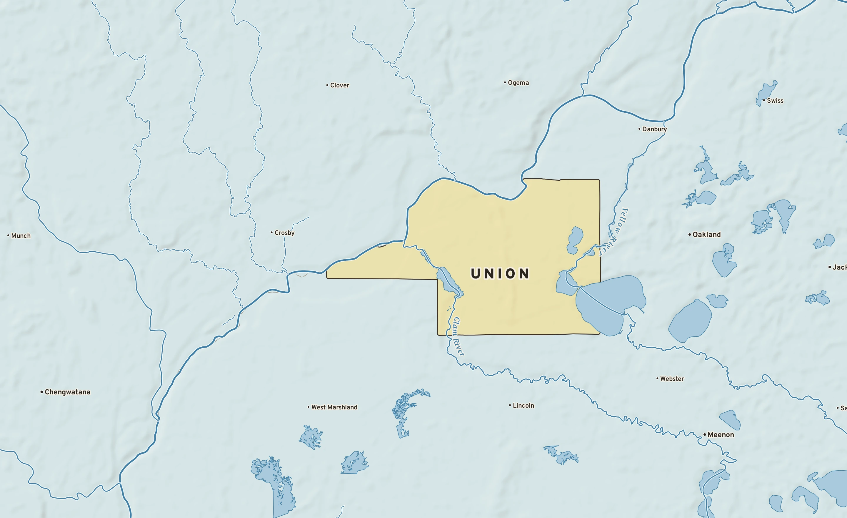 Shaded-relief atlas plate of Union, Wisconsin: rivers, roads, the city limits and where the water drains.