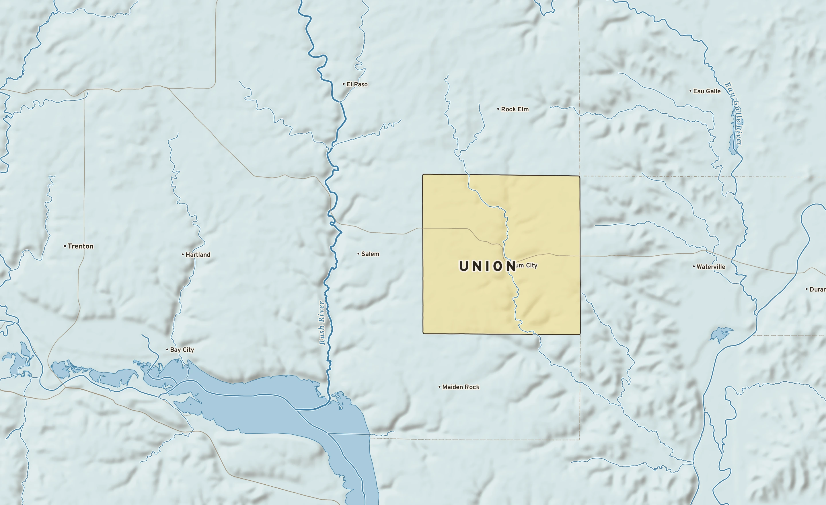 Shaded-relief atlas plate of Union, Wisconsin: rivers, roads, the city limits and where the water drains.
