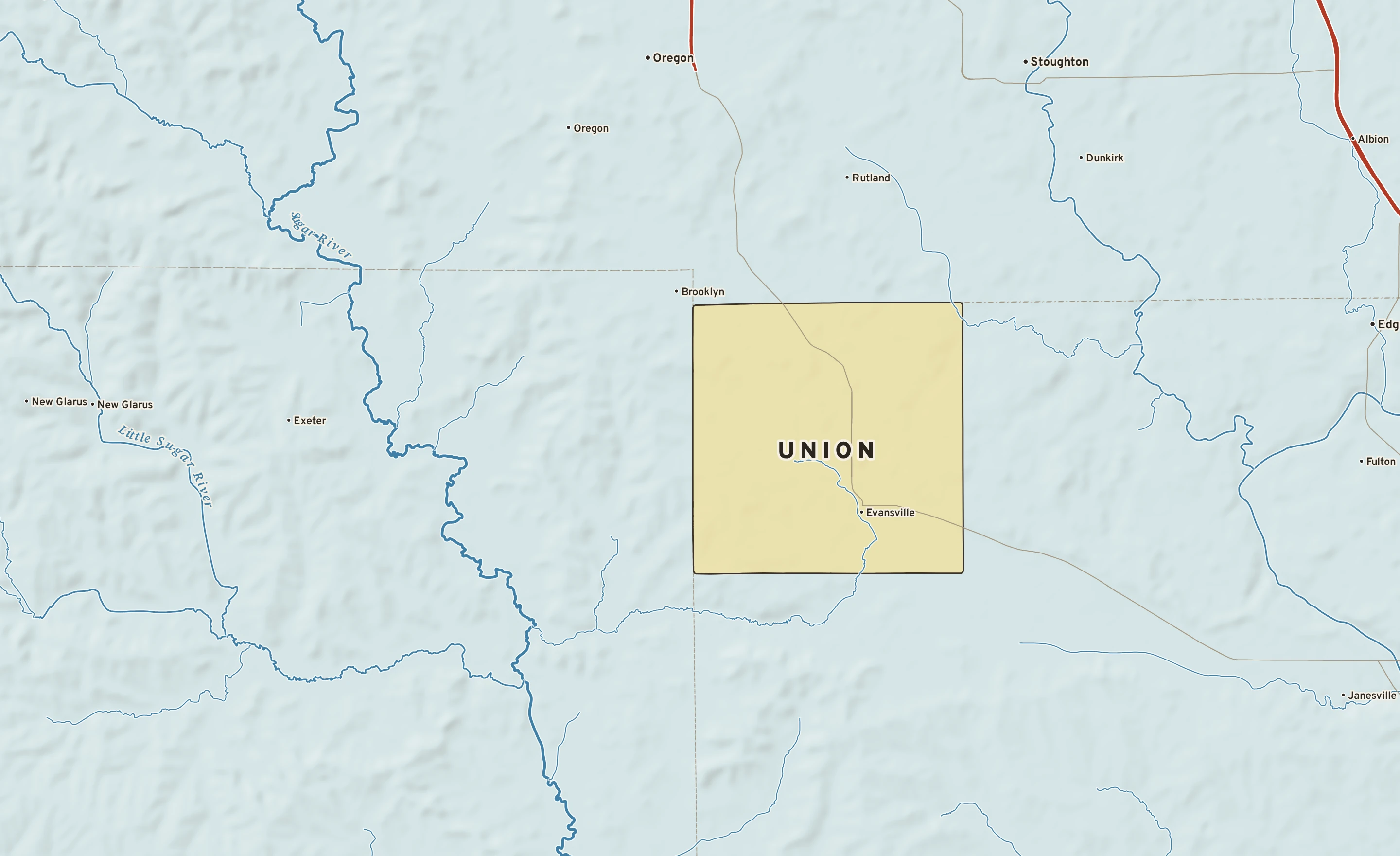 Shaded-relief atlas plate of Union, Wisconsin: rivers, roads, the city limits and where the water drains.