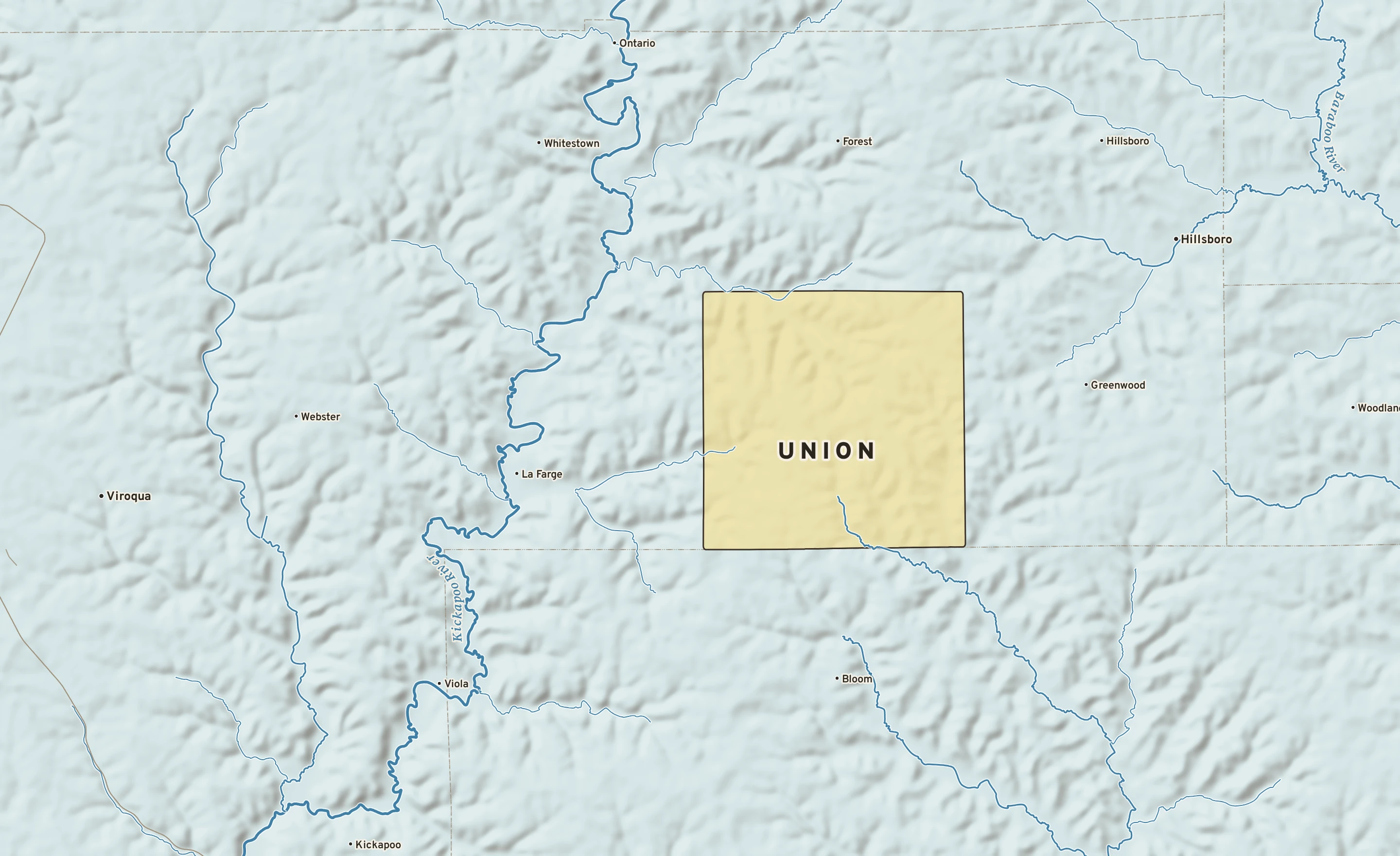 Shaded-relief atlas plate of Union, Wisconsin: rivers, roads, the city limits and where the water drains.