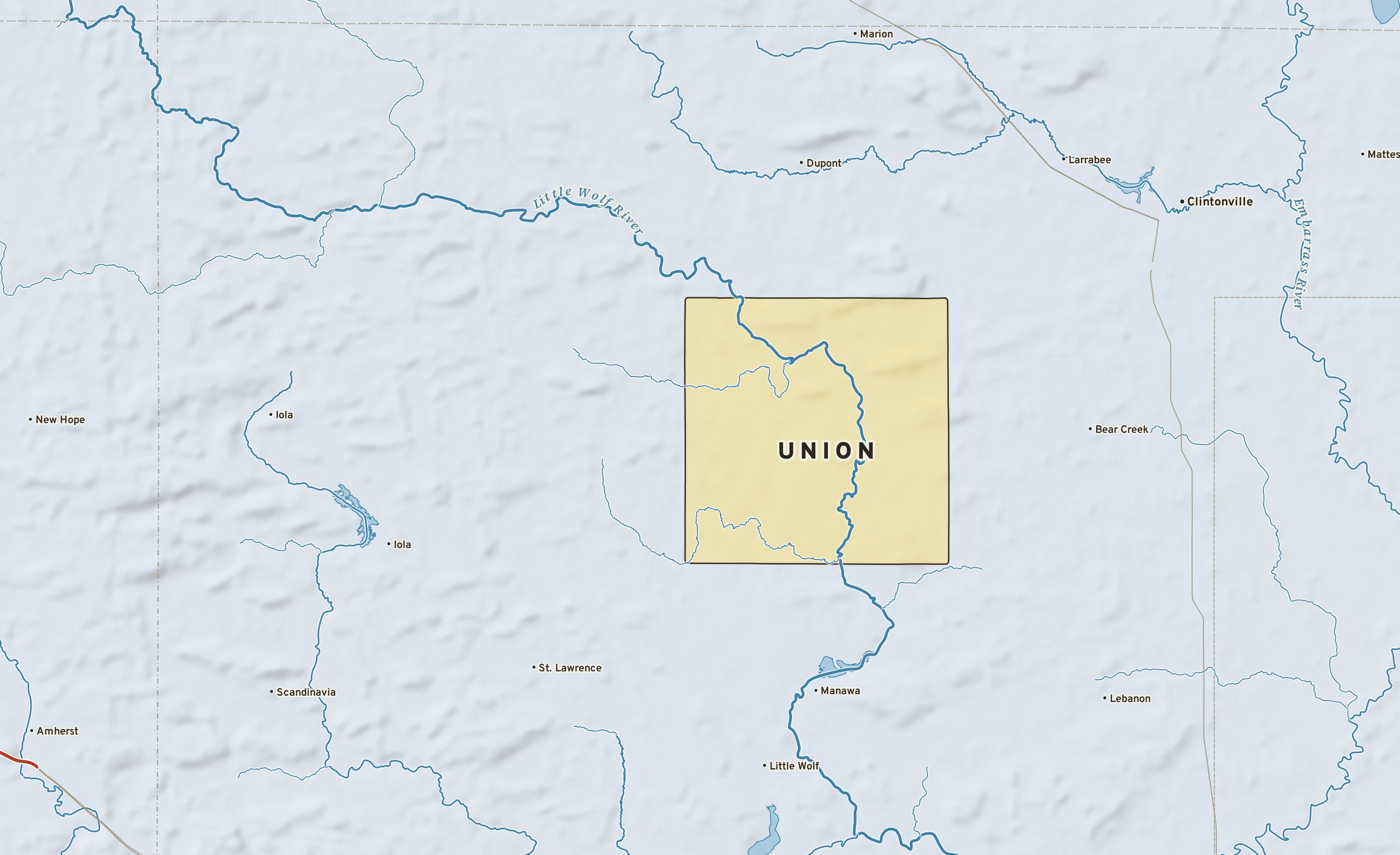 Shaded-relief atlas plate of Union, Wisconsin: rivers, roads, the city limits and where the water drains.