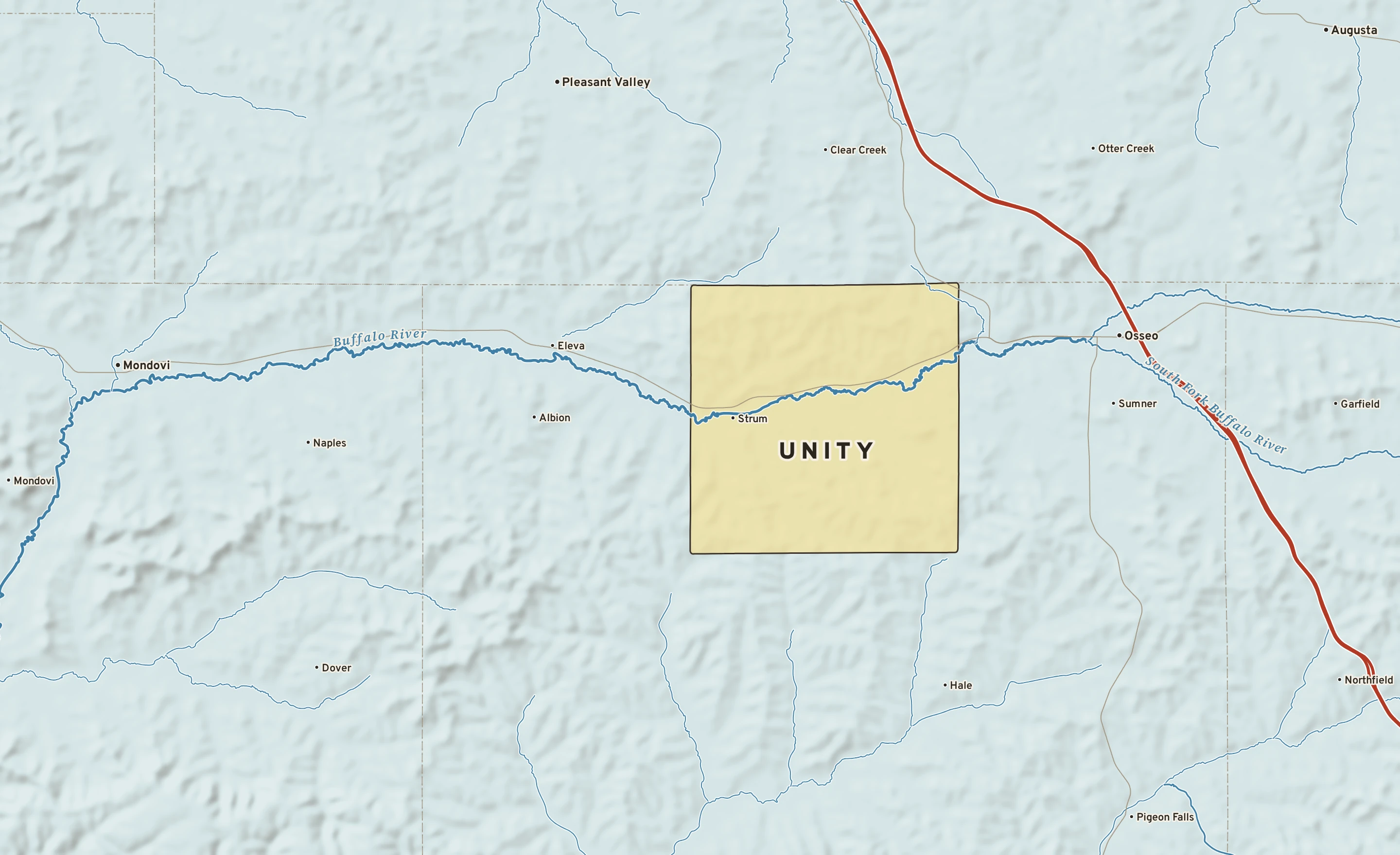 Shaded-relief atlas plate of Unity, Wisconsin: rivers, roads, the city limits and where the water drains.
