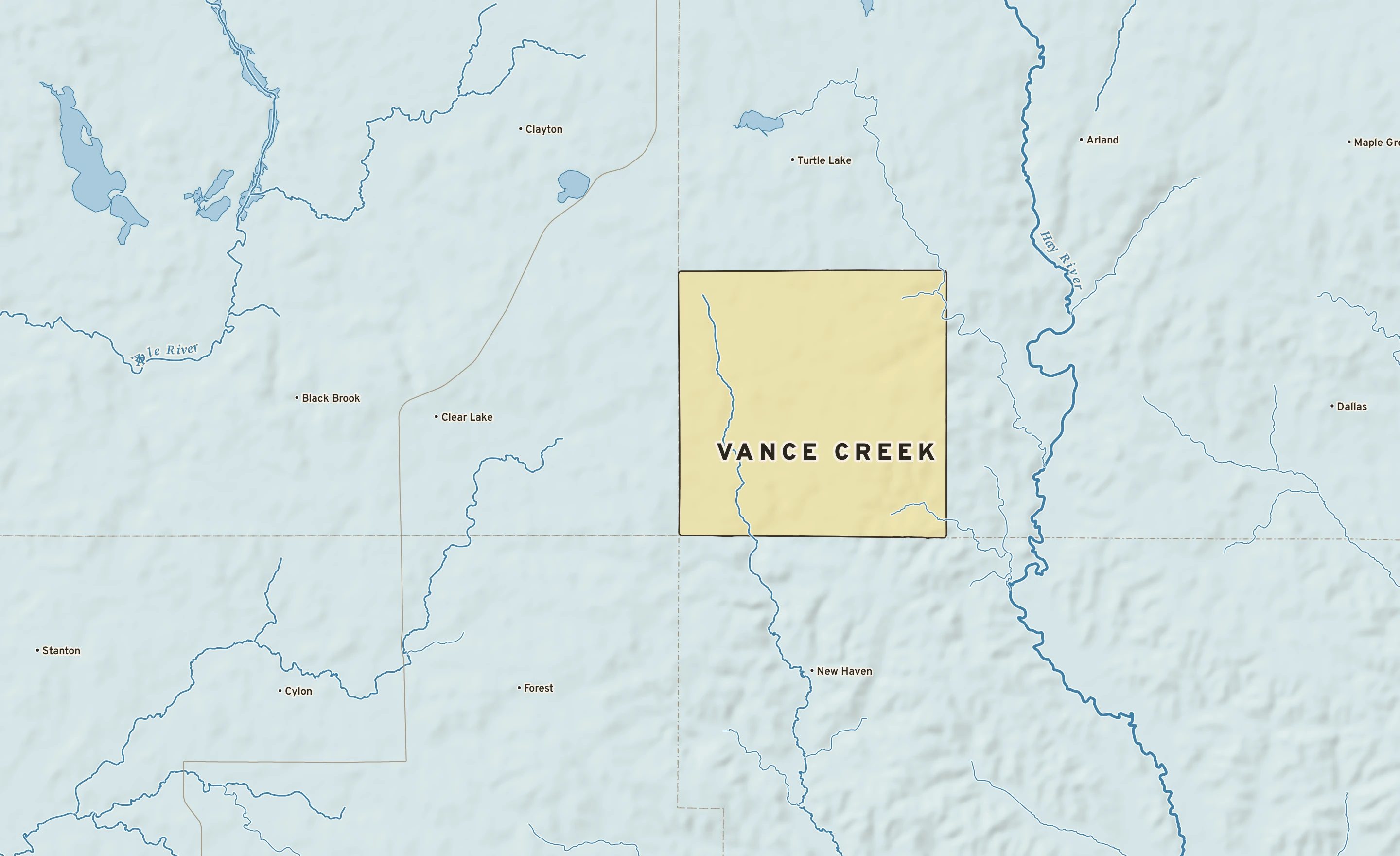 Shaded-relief atlas plate of Vance Creek, Wisconsin: rivers, roads, the city limits and where the water drains.
