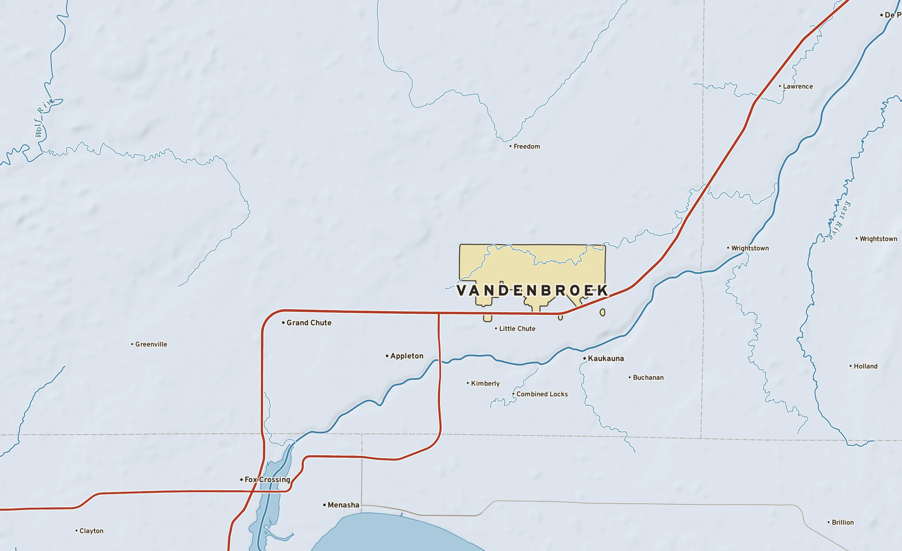 Shaded-relief atlas plate of Vandenbroek, Wisconsin: rivers, roads, the city limits and where the water drains.