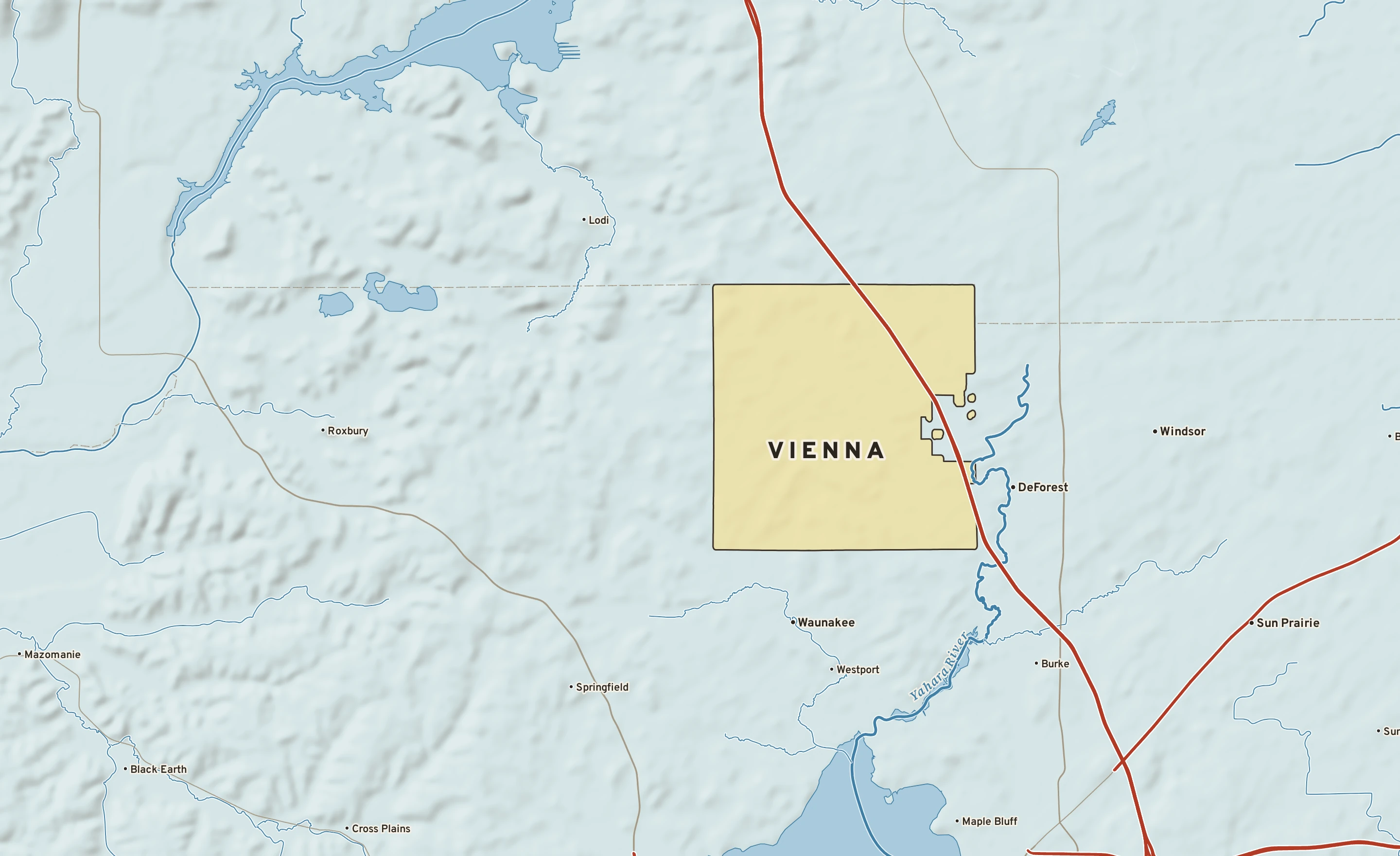 Shaded-relief atlas plate of Vienna, Wisconsin: rivers, roads, the city limits and where the water drains.