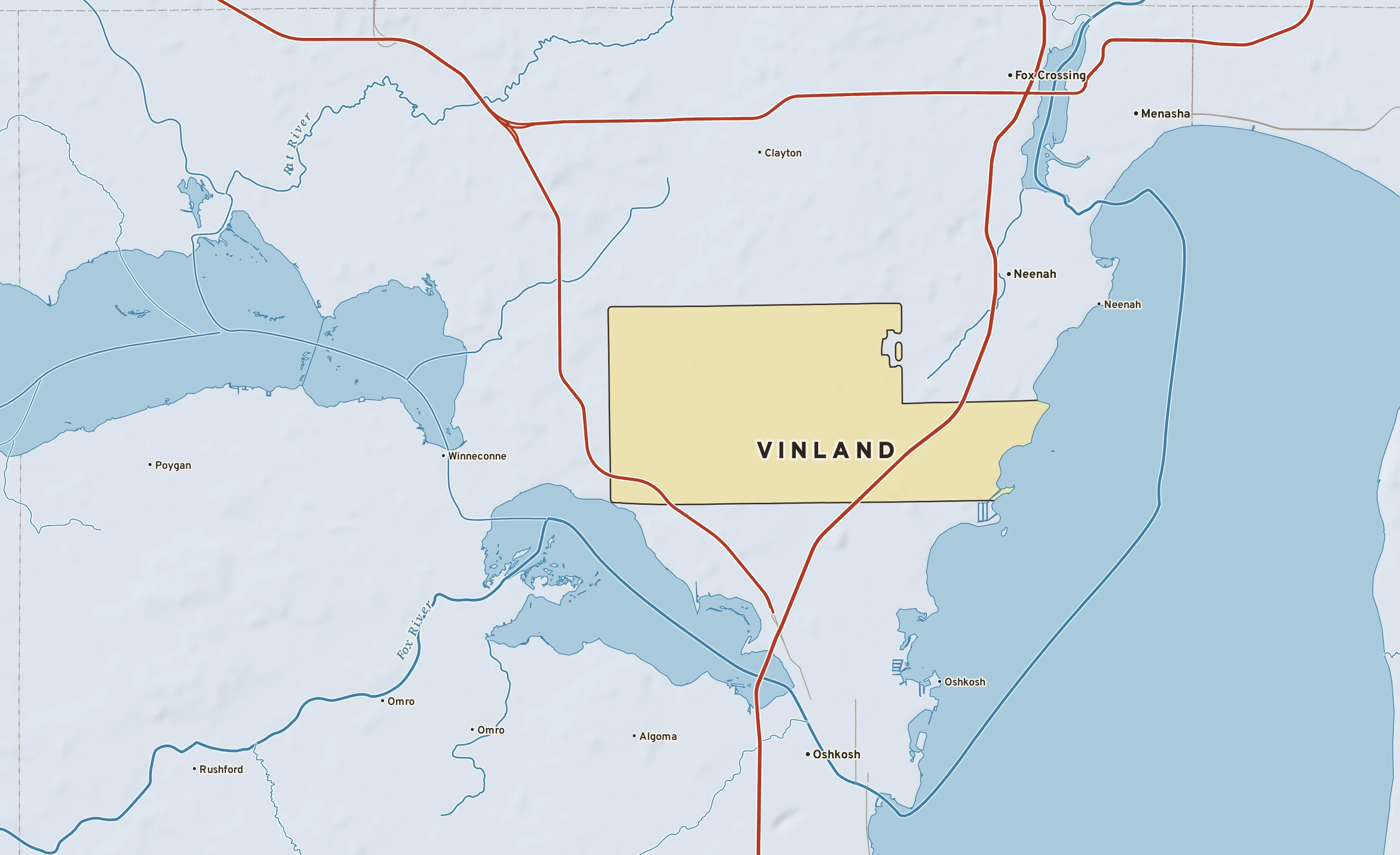 Shaded-relief atlas plate of Vinland, Wisconsin: rivers, roads, the city limits and where the water drains.
