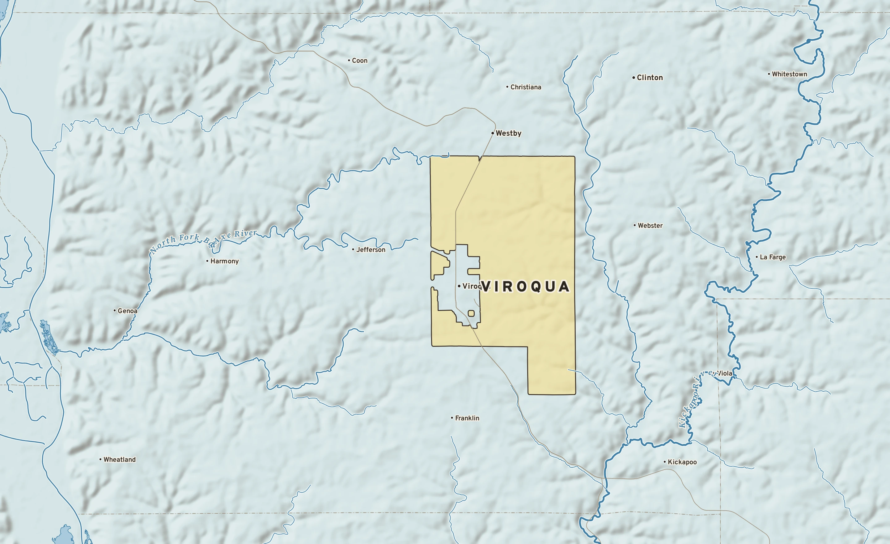 Shaded-relief atlas plate of Viroqua, Wisconsin: rivers, roads, the city limits and where the water drains.