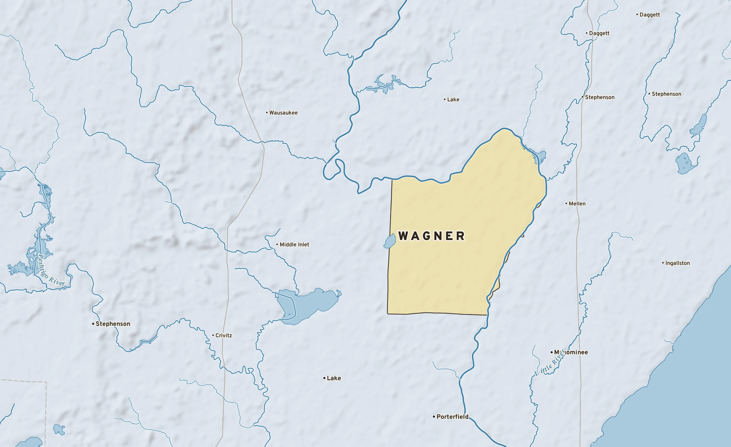 Shaded-relief atlas plate of Wagner, Wisconsin: rivers, roads, the city limits and where the water drains.