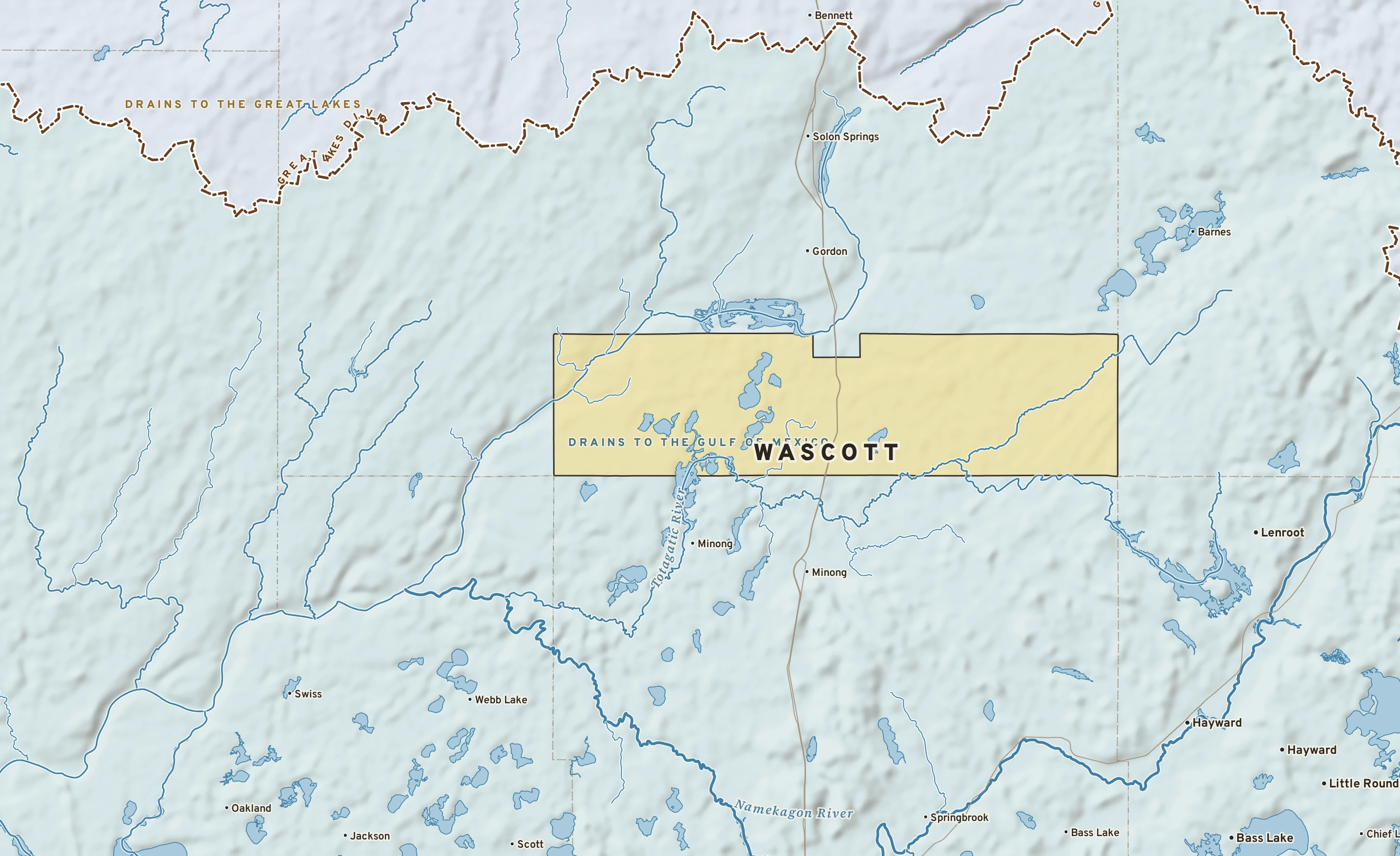 Shaded-relief atlas plate of Wascott, Wisconsin: rivers, roads, the city limits and where the water drains.