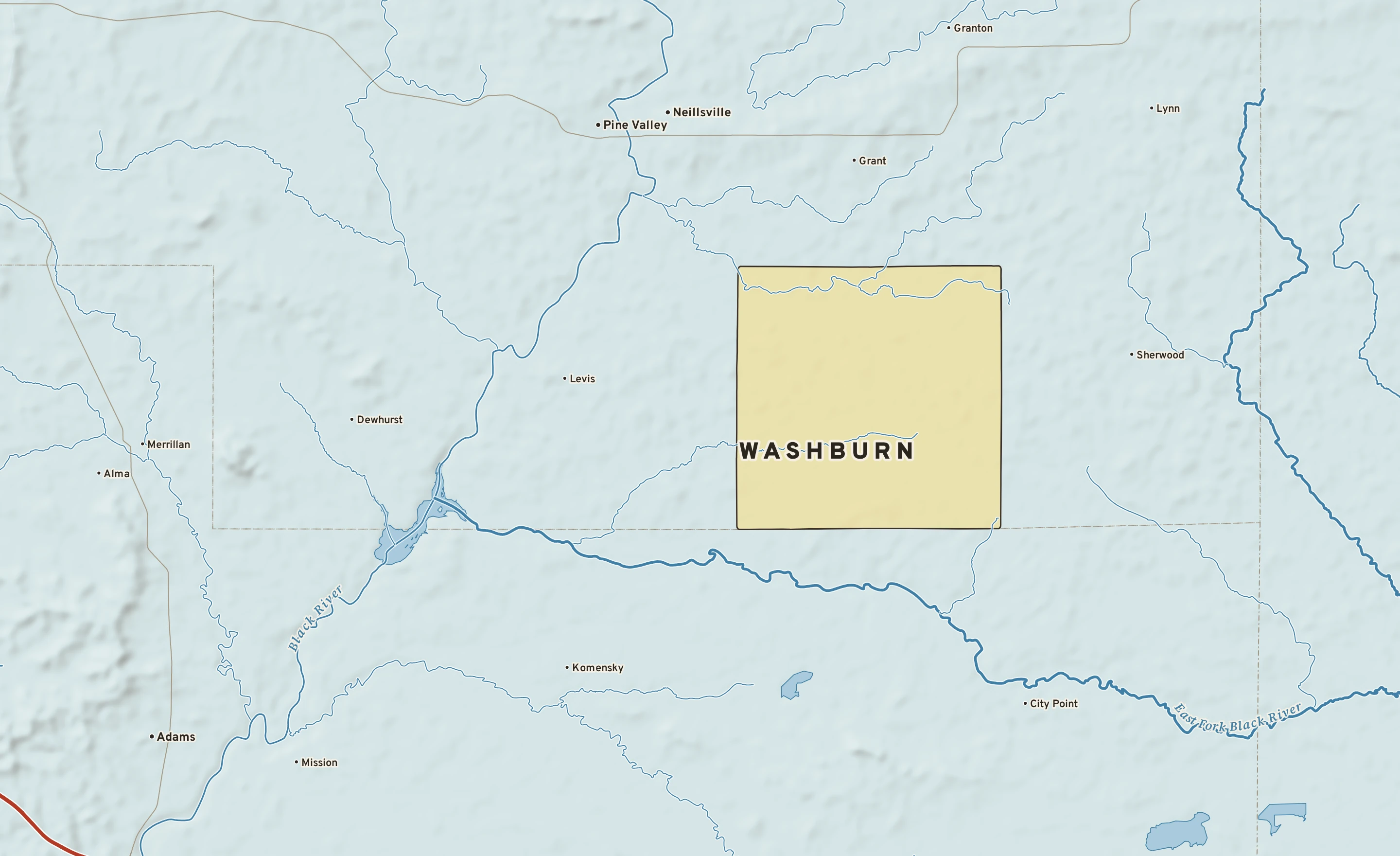 Shaded-relief atlas plate of Washburn, Wisconsin: rivers, roads, the city limits and where the water drains.