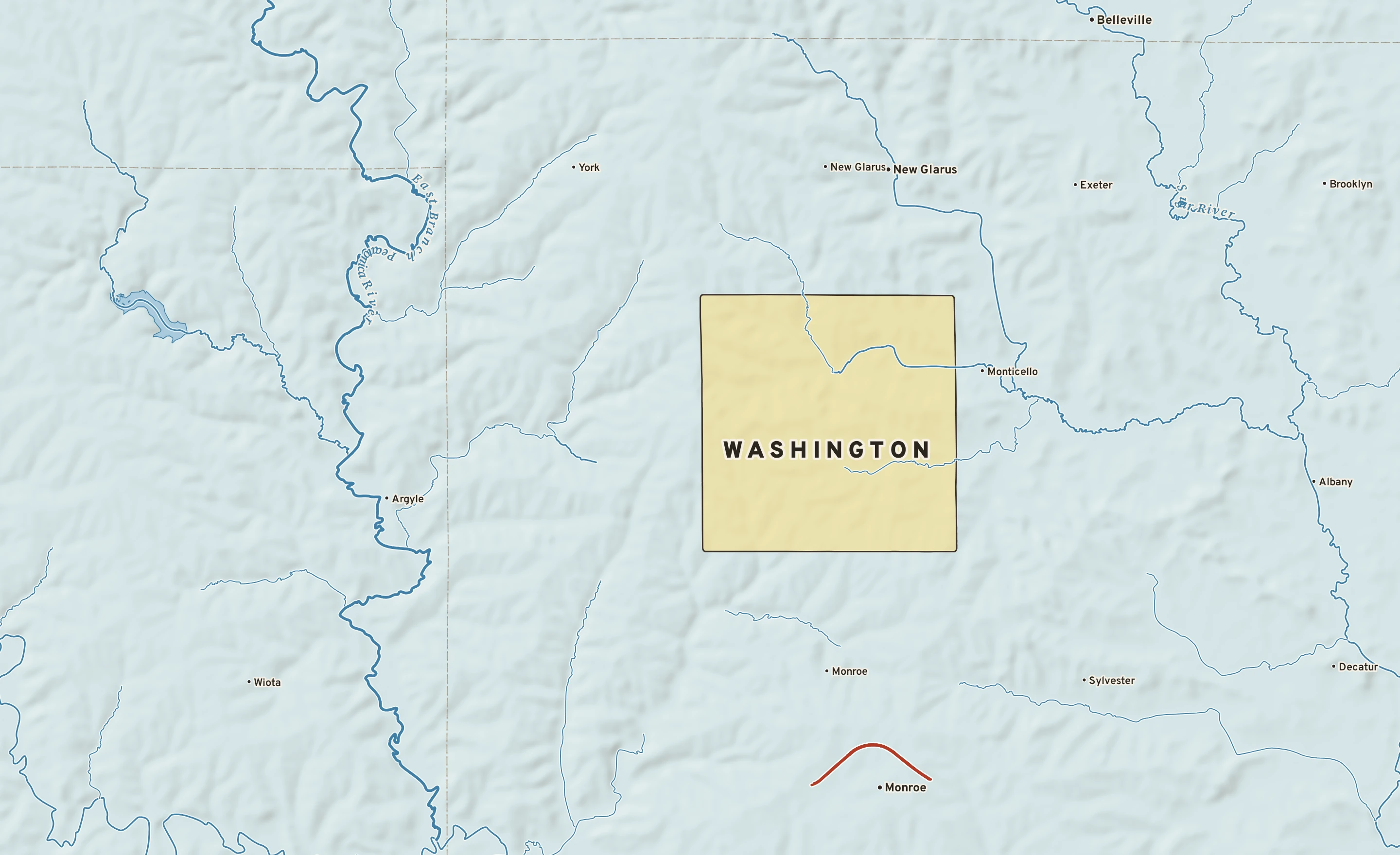 Shaded-relief atlas plate of Washington, Wisconsin: rivers, roads, the city limits and where the water drains.
