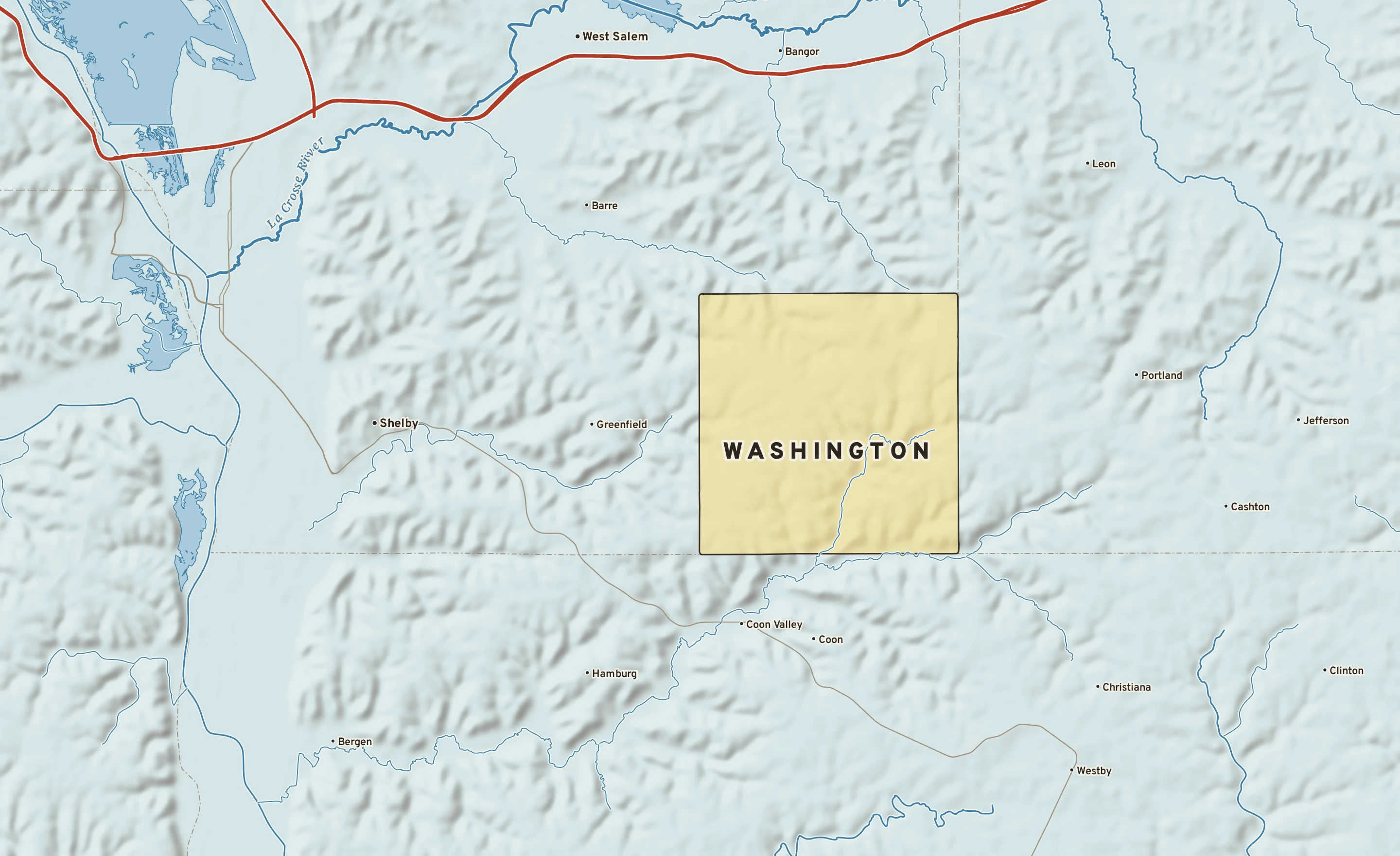 Shaded-relief atlas plate of Washington, Wisconsin: rivers, roads, the city limits and where the water drains.