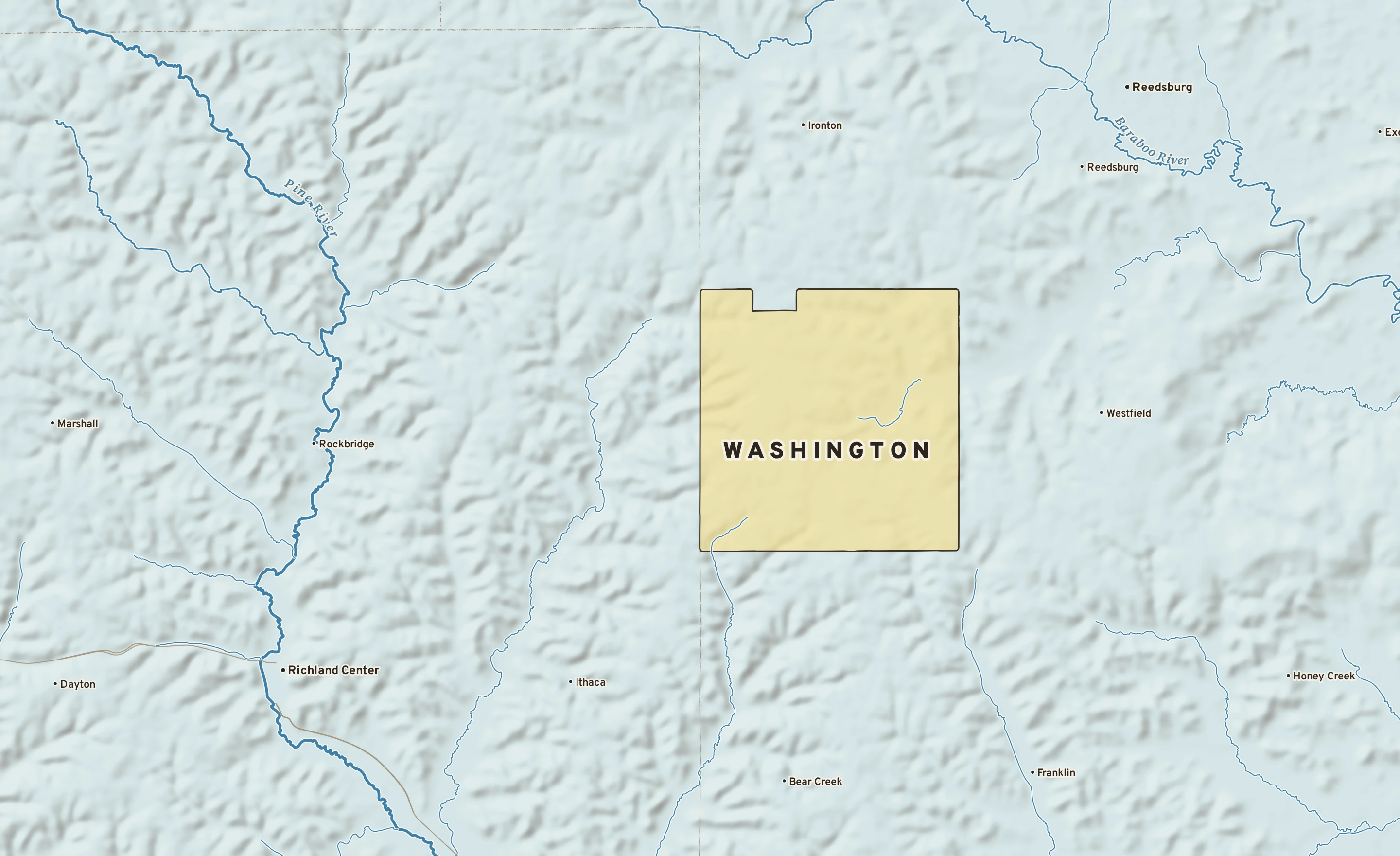 Shaded-relief atlas plate of Washington, Wisconsin: rivers, roads, the city limits and where the water drains.