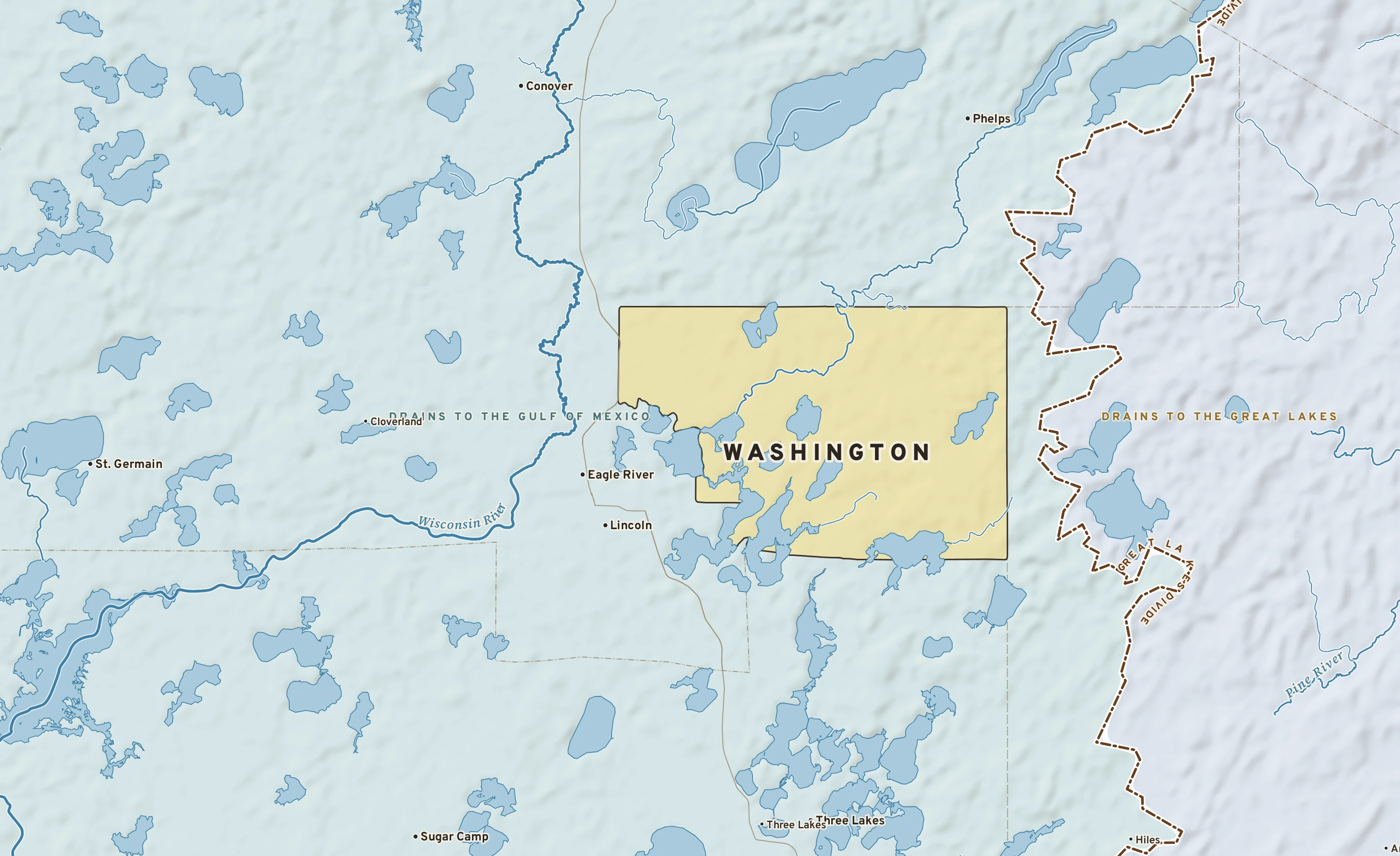 Shaded-relief atlas plate of Washington, Wisconsin: rivers, roads, the city limits and where the water drains.