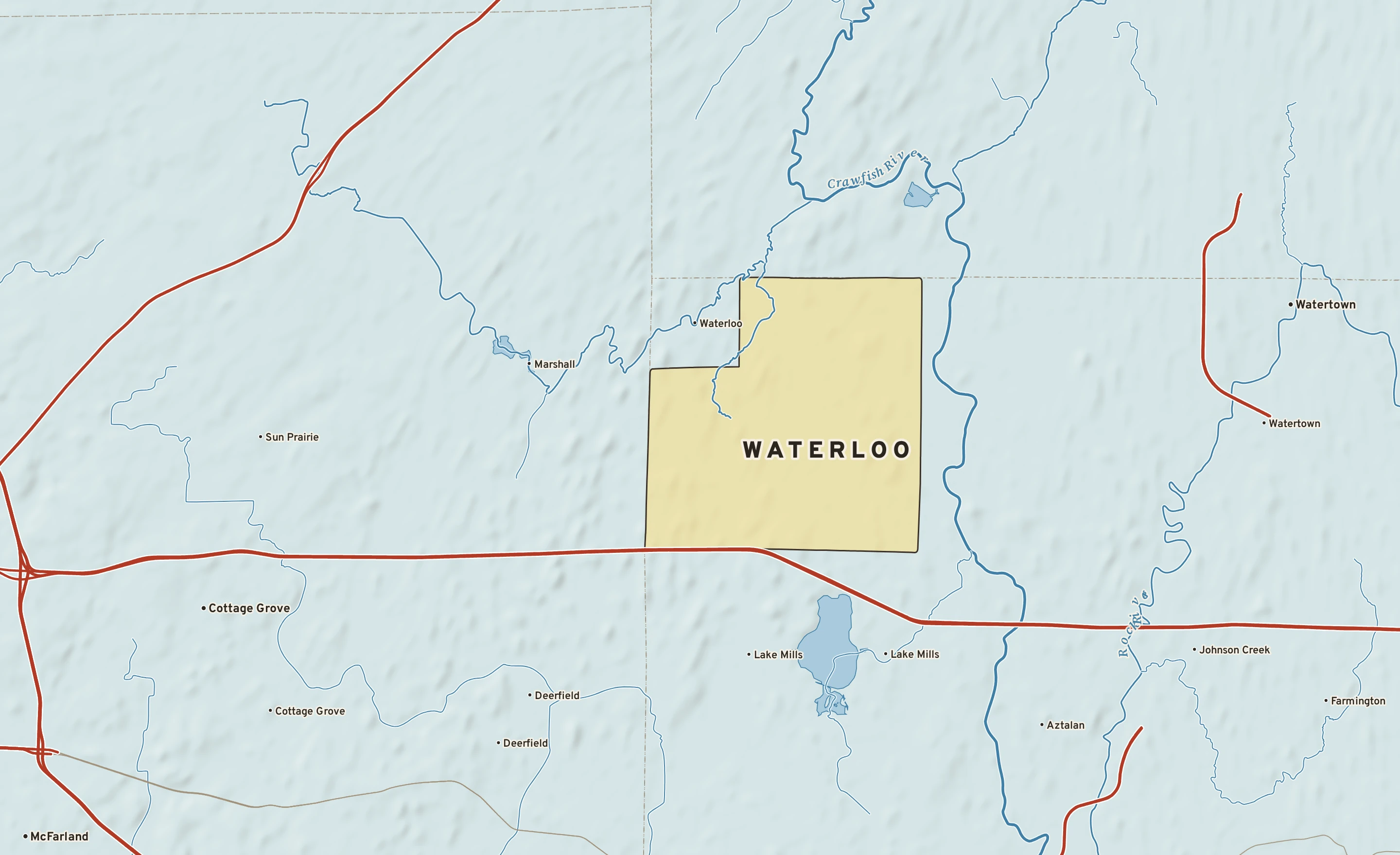 Shaded-relief atlas plate of Waterloo, Wisconsin: rivers, roads, the city limits and where the water drains.
