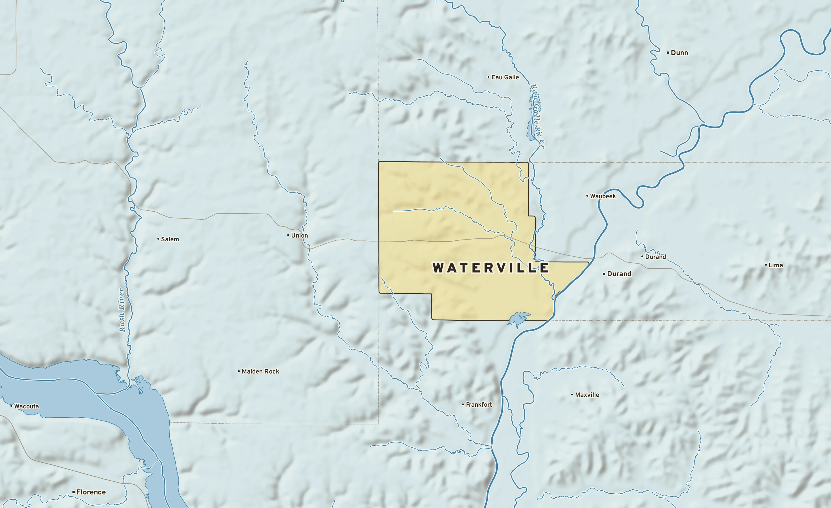 Shaded-relief atlas plate of Waterville, Wisconsin: rivers, roads, the city limits and where the water drains.