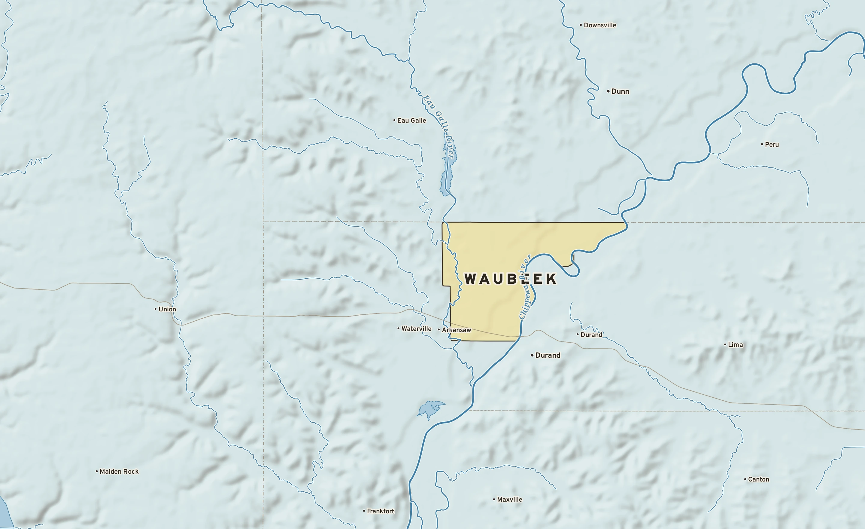 Shaded-relief atlas plate of Waubeek, Wisconsin: rivers, roads, the city limits and where the water drains.