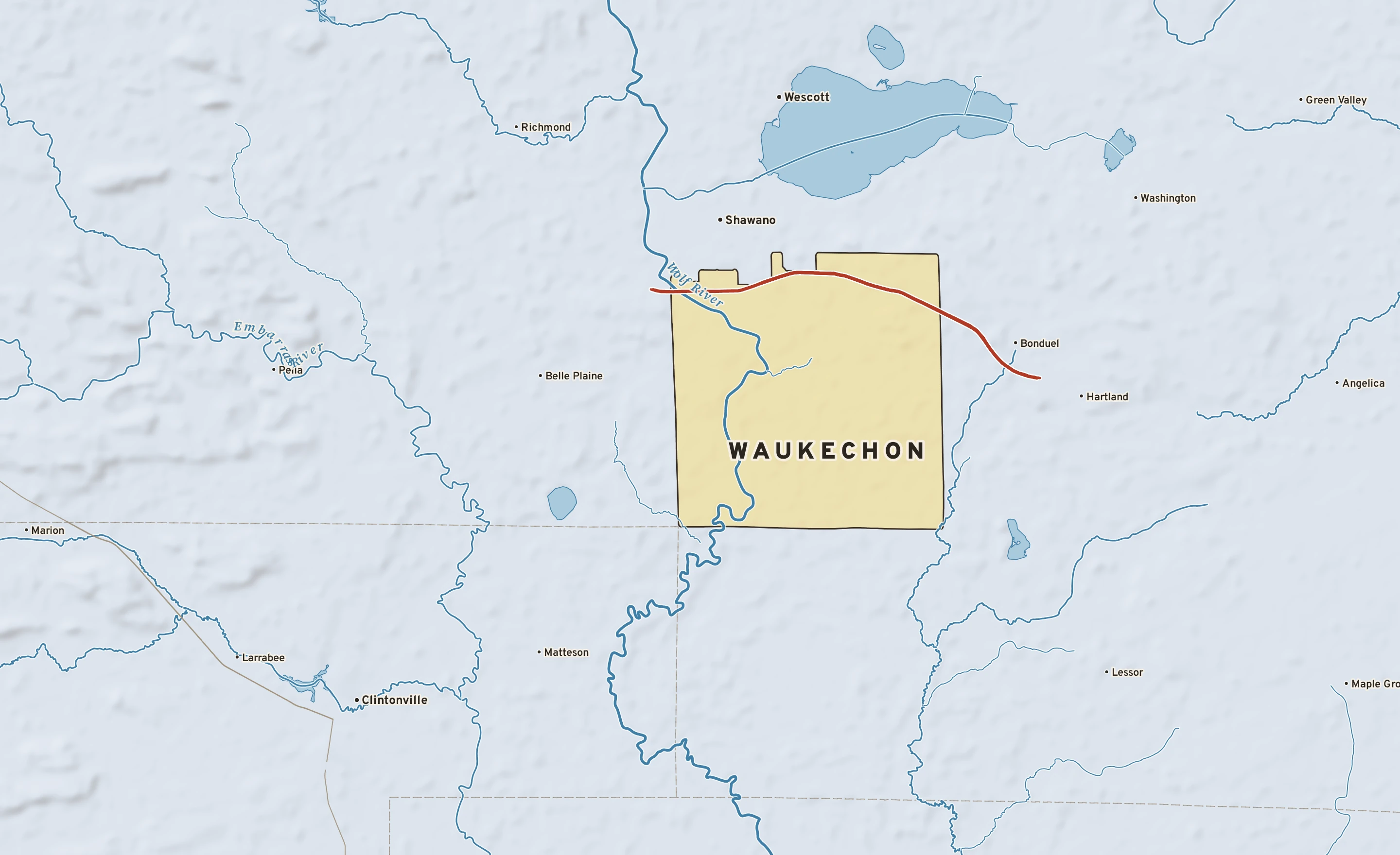 Shaded-relief atlas plate of Waukechon, Wisconsin: rivers, roads, the city limits and where the water drains.