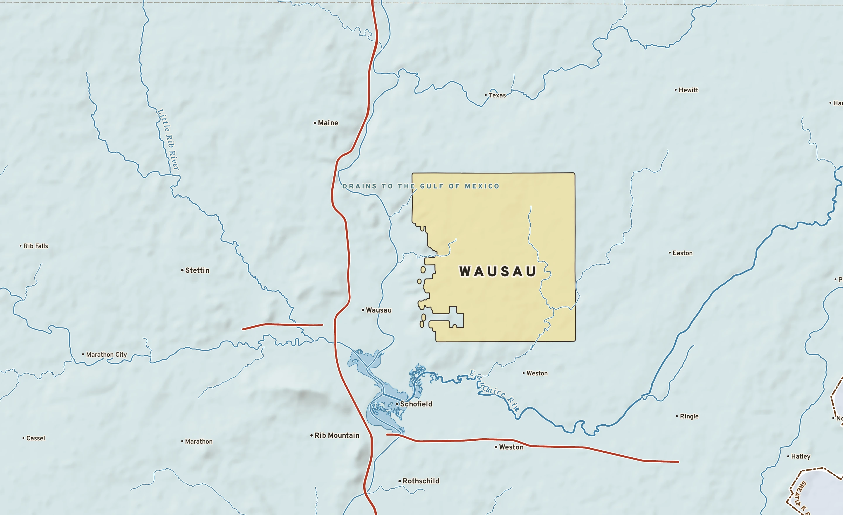 Shaded-relief atlas plate of Wausau, Wisconsin: rivers, roads, the city limits and where the water drains.