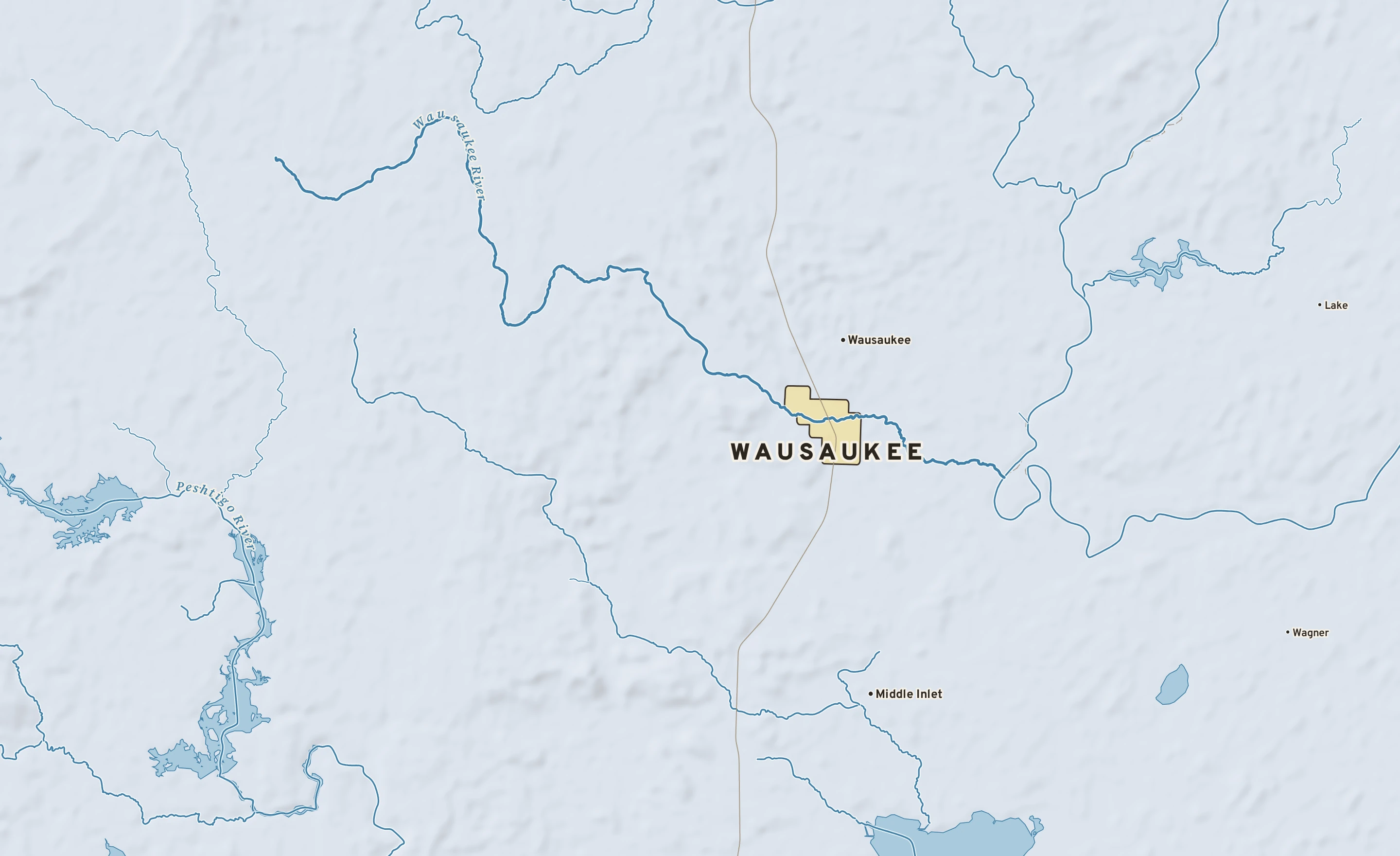 Shaded-relief atlas plate of Wausaukee, Wisconsin: rivers, roads, the city limits and where the water drains.