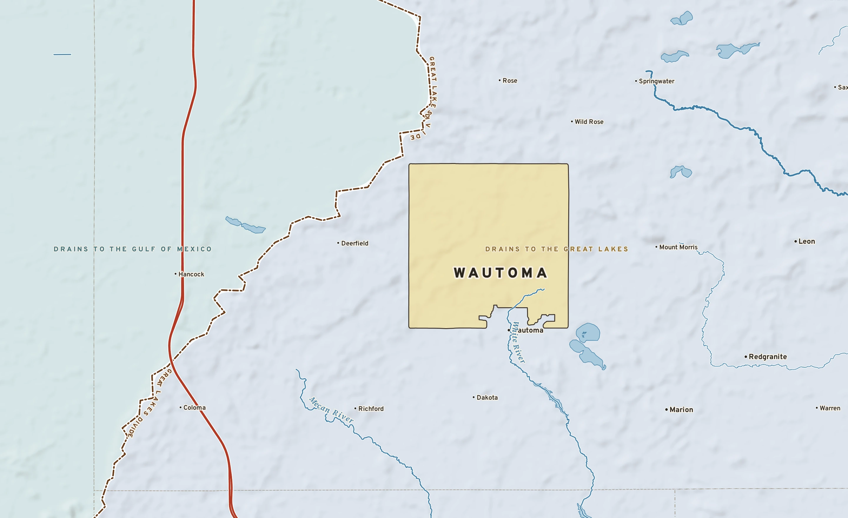 Shaded-relief atlas plate of Wautoma, Wisconsin: rivers, roads, the city limits and where the water drains.