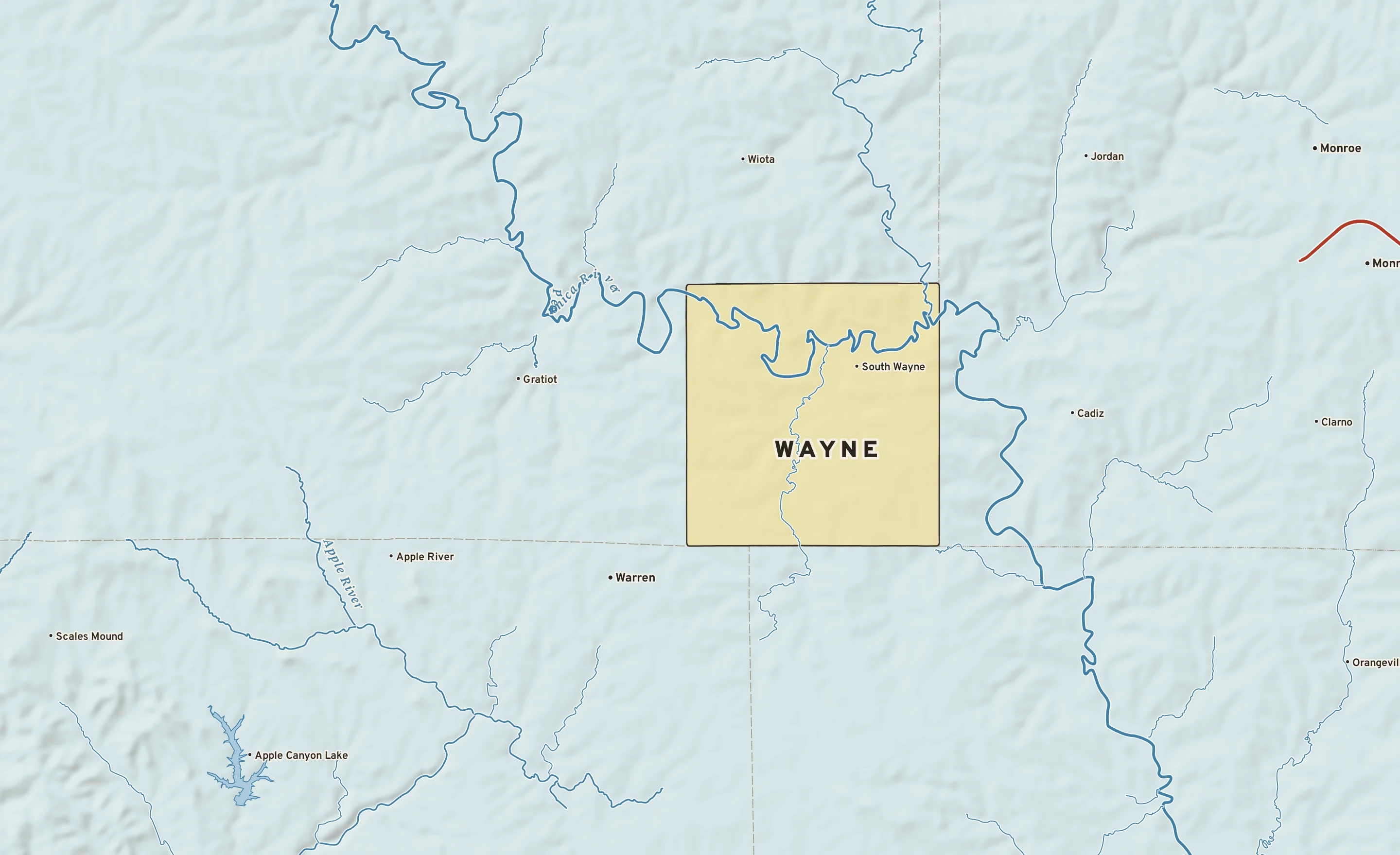 Shaded-relief atlas plate of Wayne, Wisconsin: rivers, roads, the city limits and where the water drains.