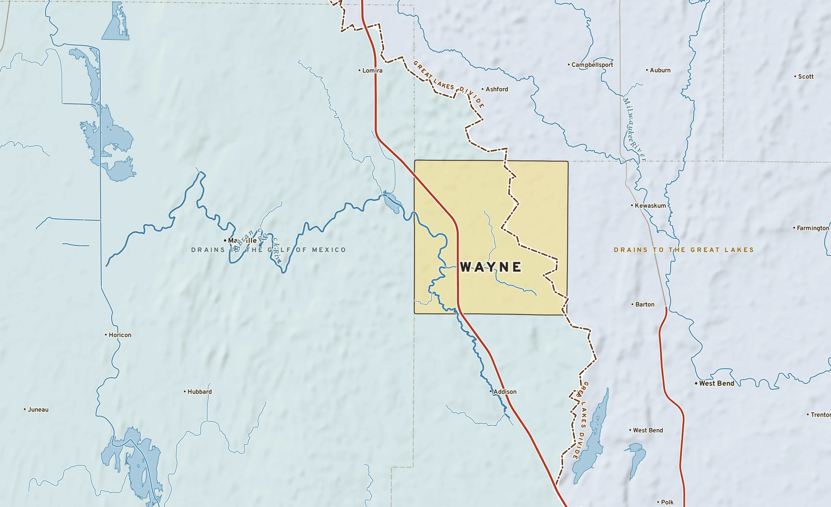 Shaded-relief atlas plate of Wayne, Wisconsin: rivers, roads, the city limits and where the water drains.