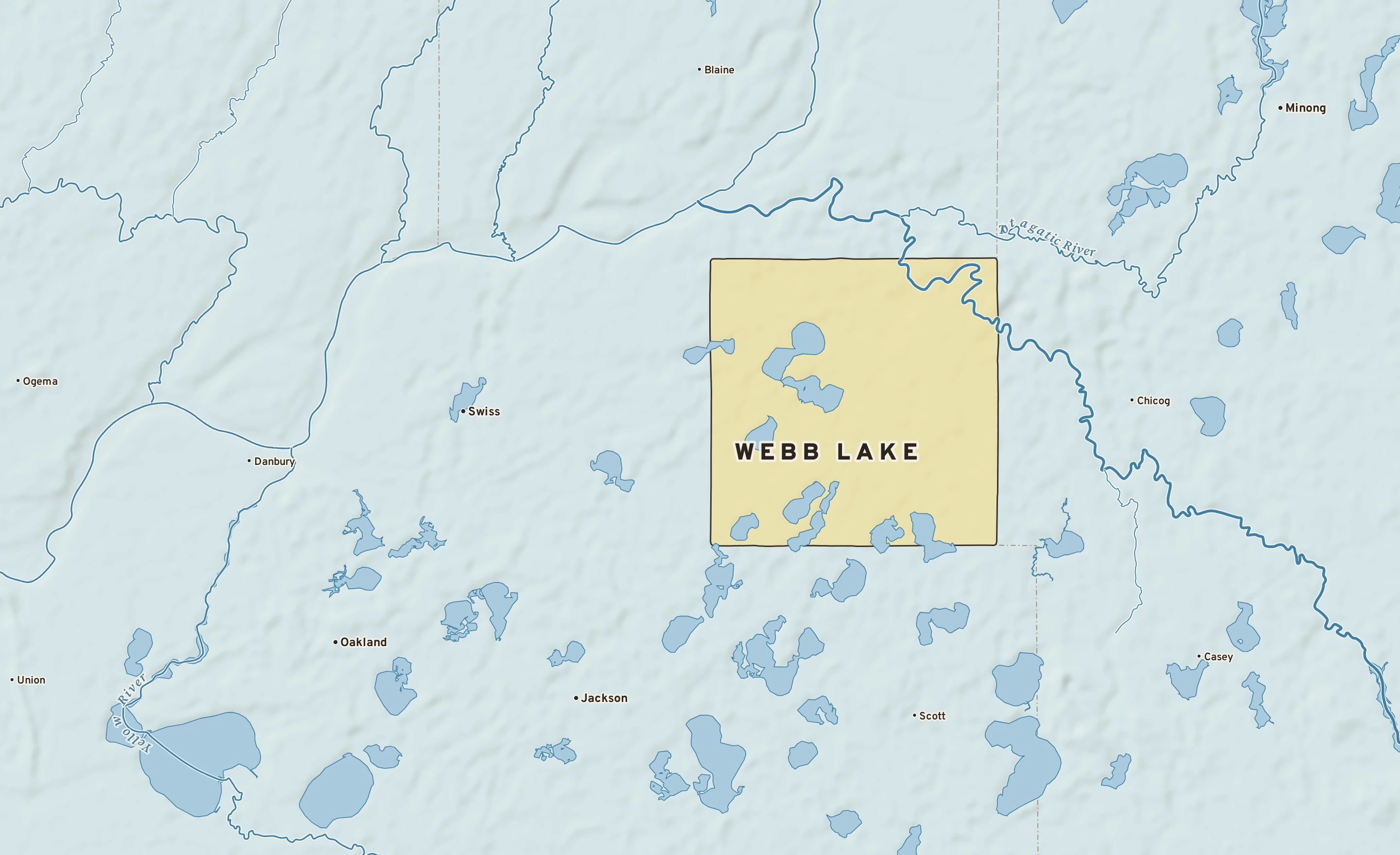 Shaded-relief atlas plate of Webb Lake, Wisconsin: rivers, roads, the city limits and where the water drains.