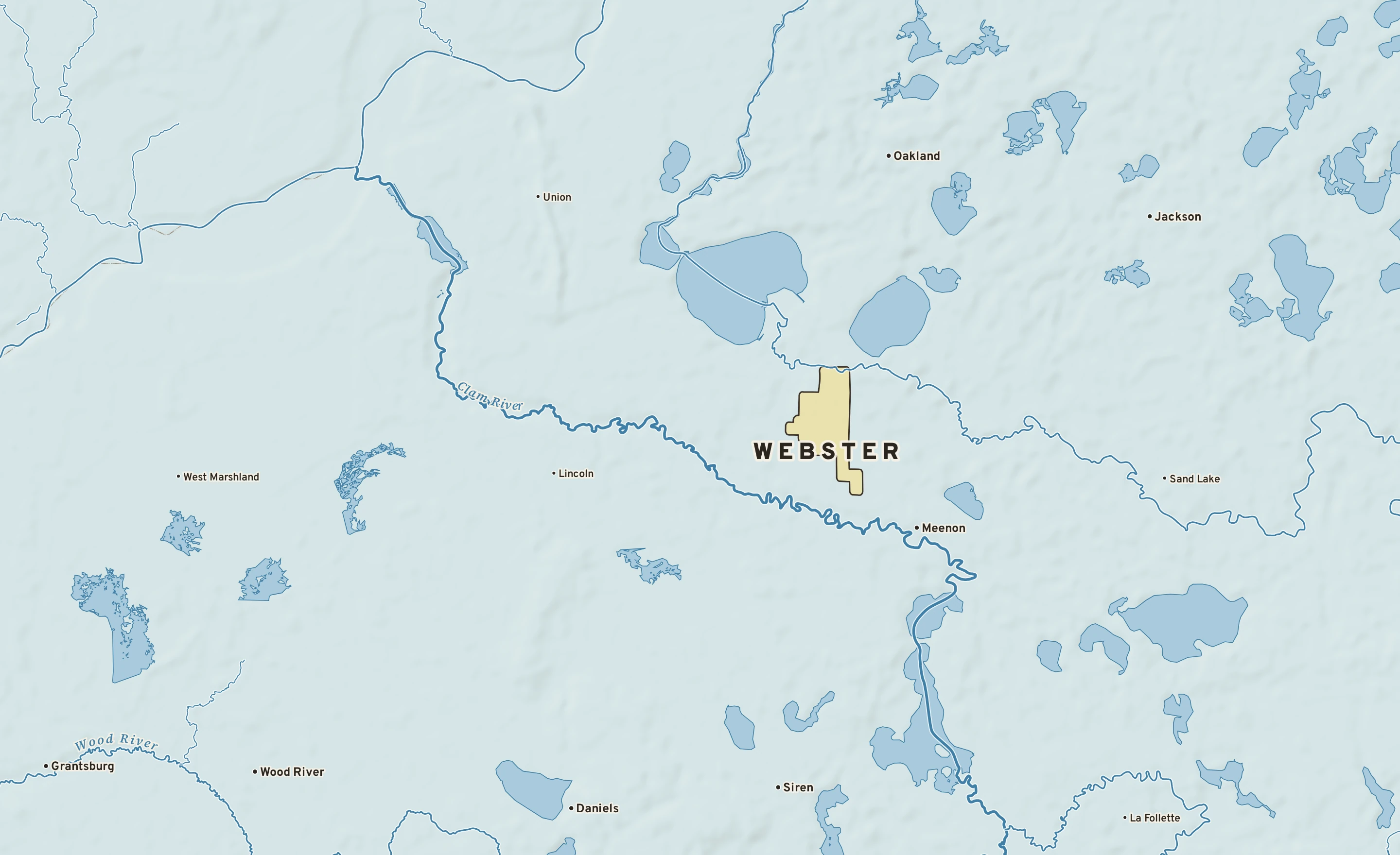 Shaded-relief atlas plate of Webster, Wisconsin: rivers, roads, the city limits and where the water drains.