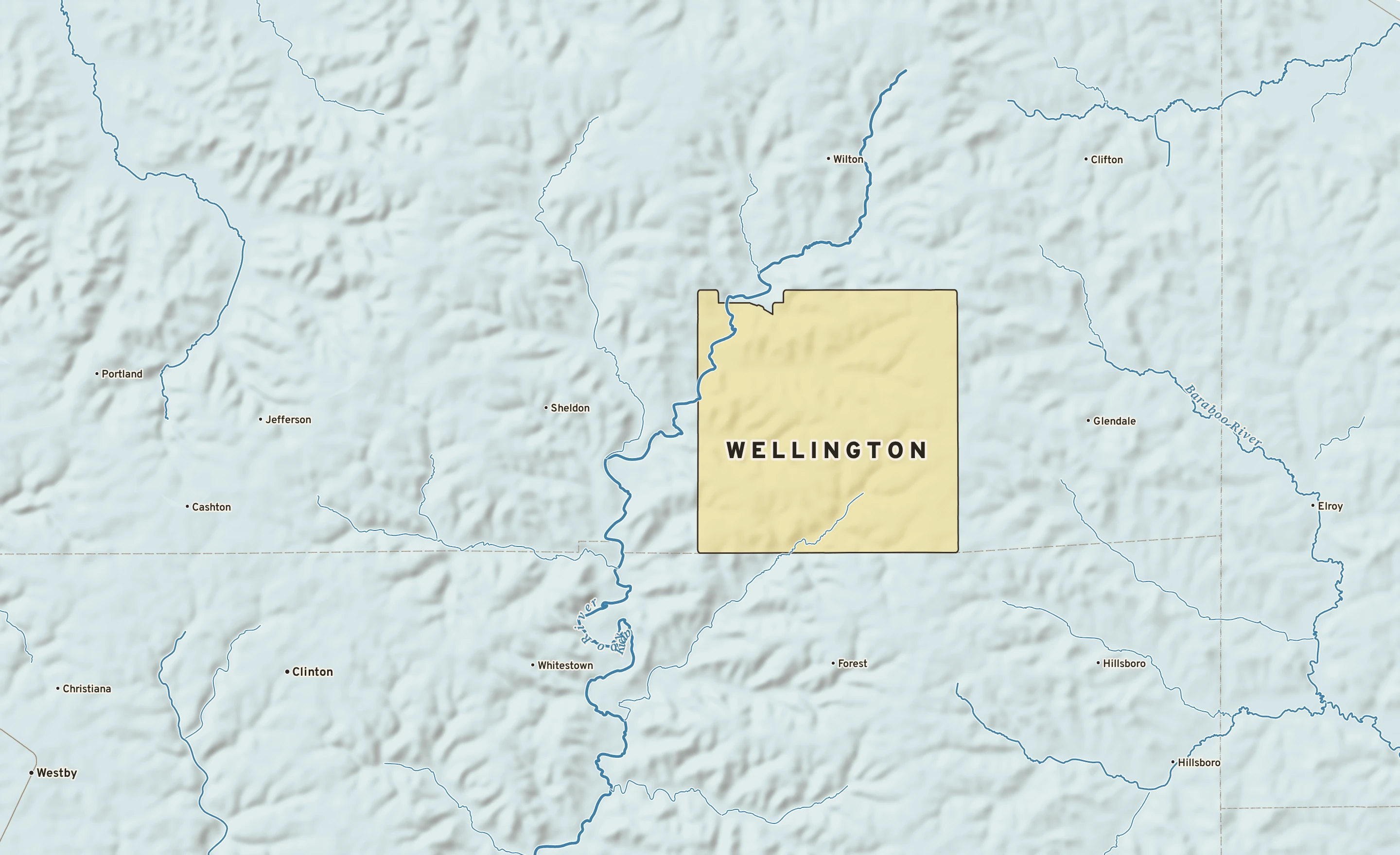 Shaded-relief atlas plate of Wellington, Wisconsin: rivers, roads, the city limits and where the water drains.