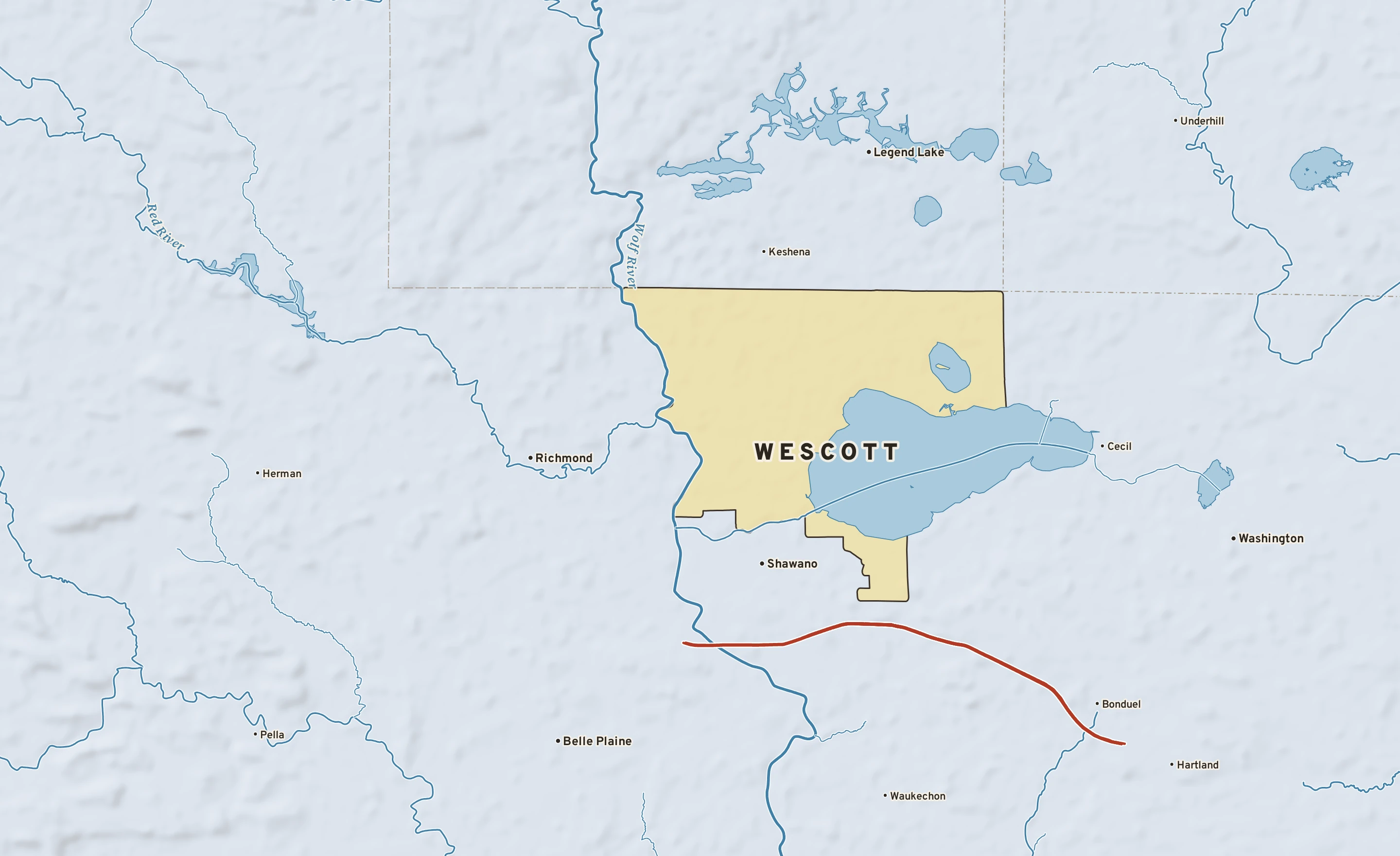 Shaded-relief atlas plate of Wescott, Wisconsin: rivers, roads, the city limits and where the water drains.