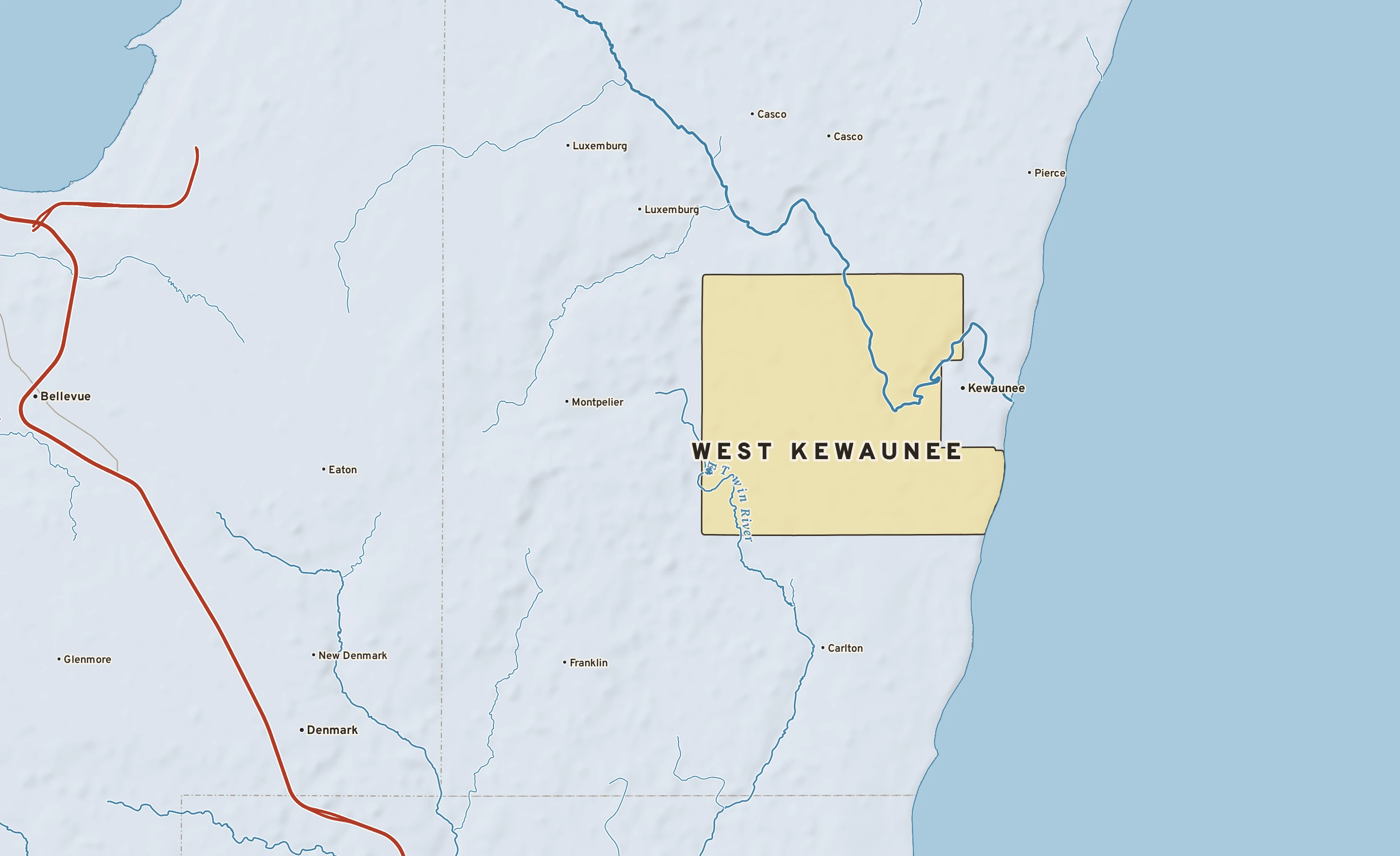 Shaded-relief atlas plate of West Kewaunee, Wisconsin: rivers, roads, the city limits and where the water drains.