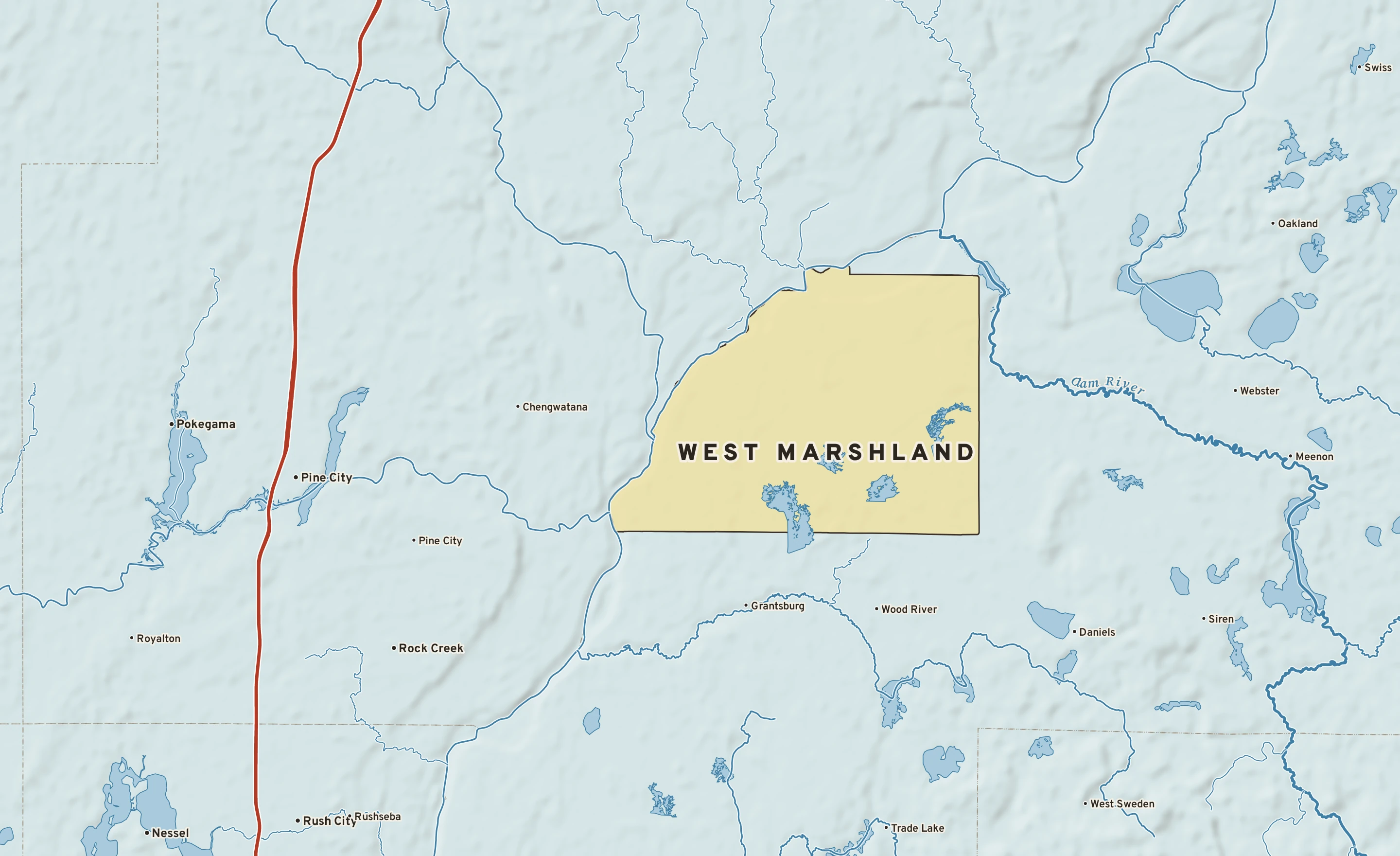 Shaded-relief atlas plate of West Marshland, Wisconsin: rivers, roads, the city limits and where the water drains.