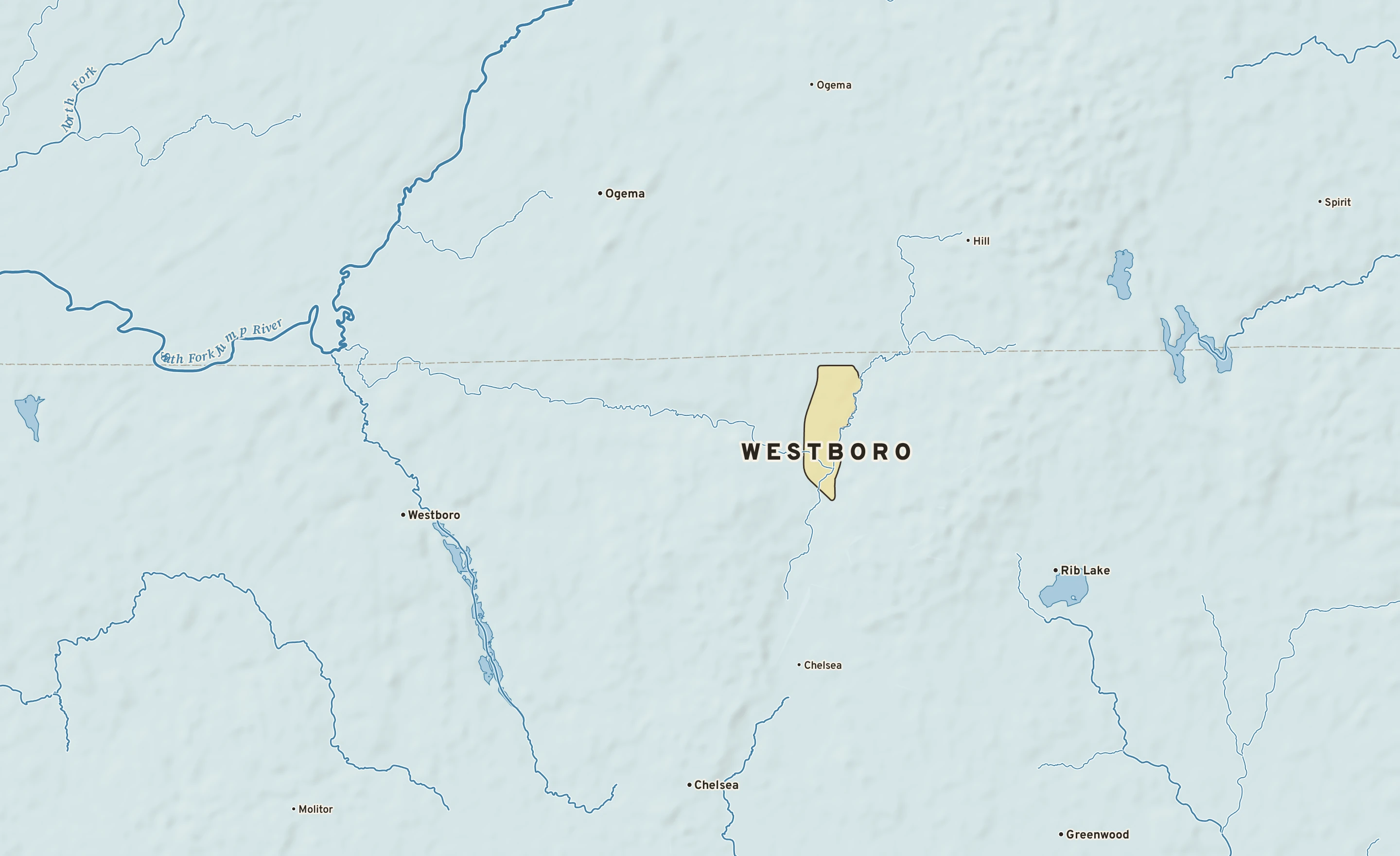 Shaded-relief atlas plate of Westboro, Wisconsin: rivers, roads, the city limits and where the water drains.