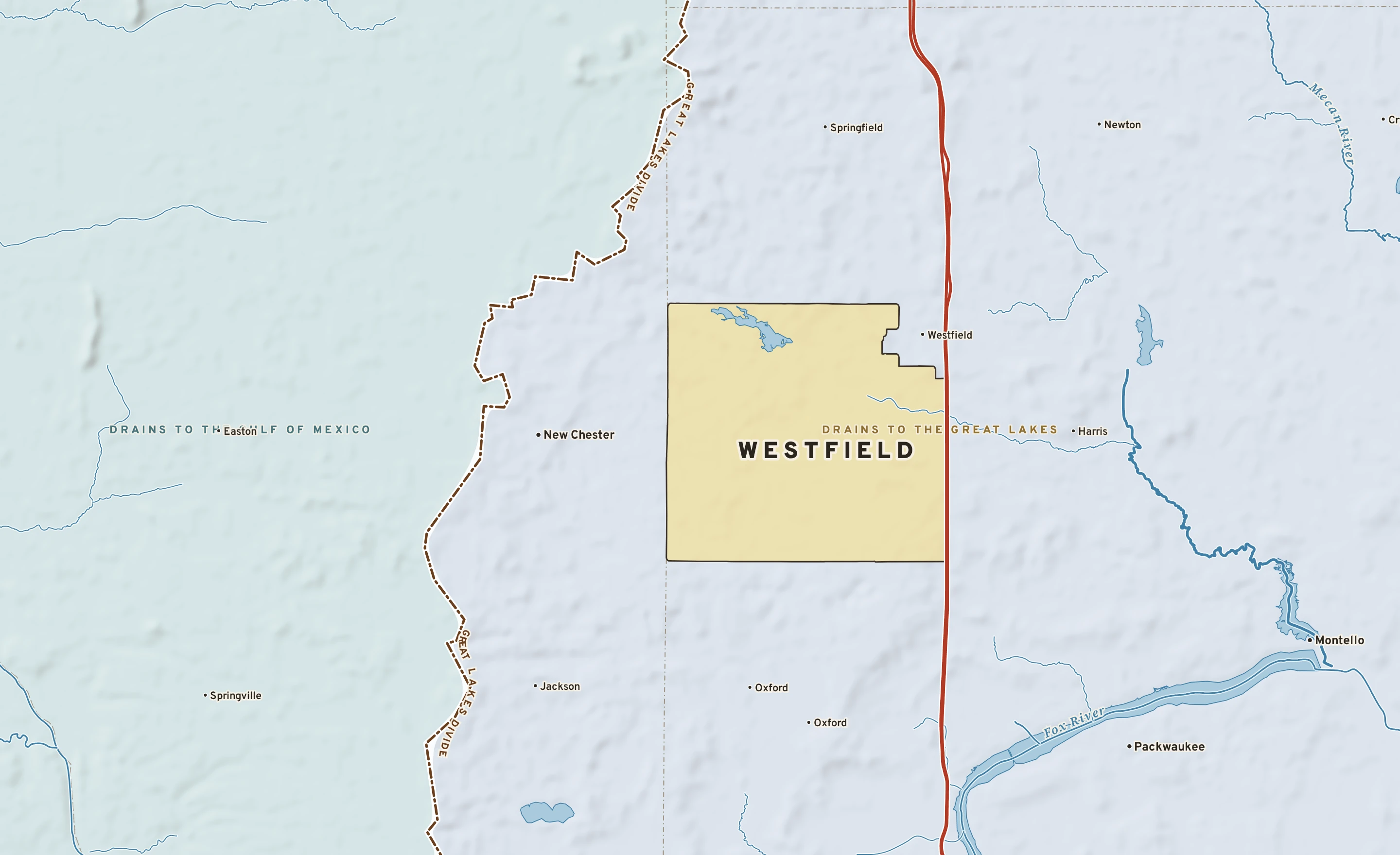 Shaded-relief atlas plate of Westfield, Wisconsin: rivers, roads, the city limits and where the water drains.