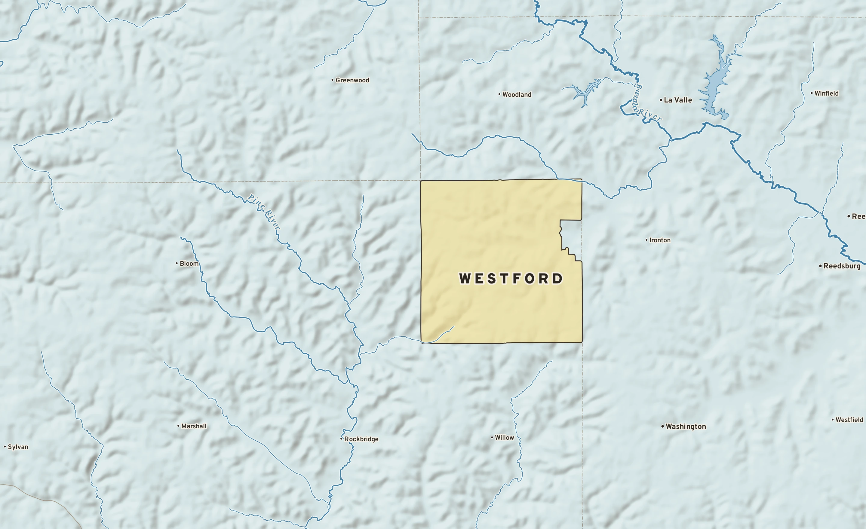 Shaded-relief atlas plate of Westford, Wisconsin: rivers, roads, the city limits and where the water drains.