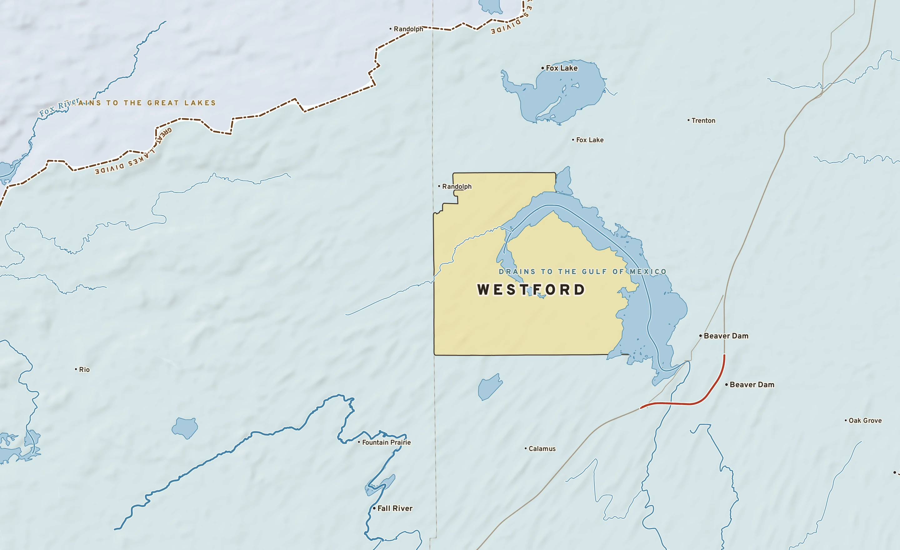 Shaded-relief atlas plate of Westford, Wisconsin: rivers, roads, the city limits and where the water drains.