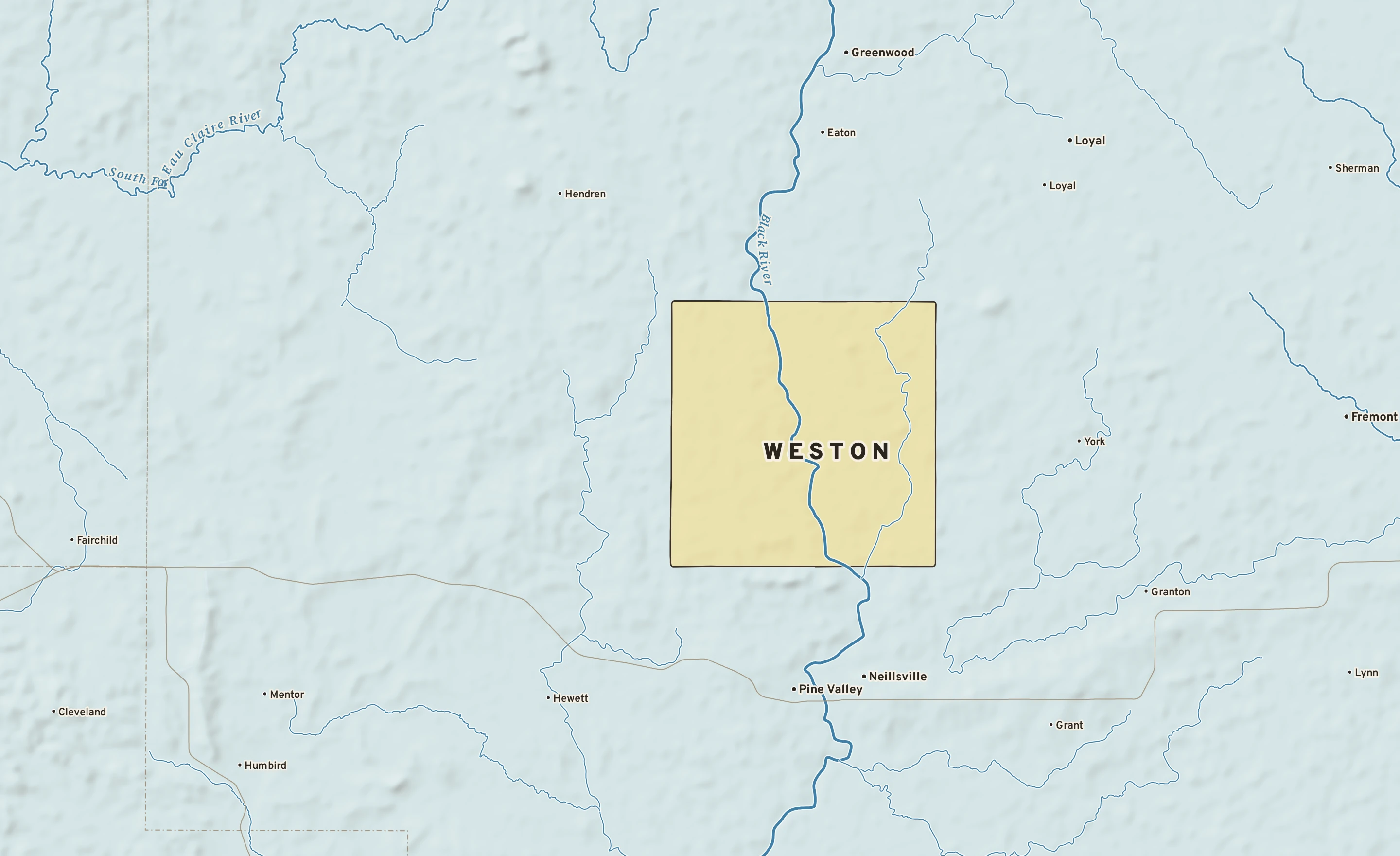 Shaded-relief atlas plate of Weston, Wisconsin: rivers, roads, the city limits and where the water drains.