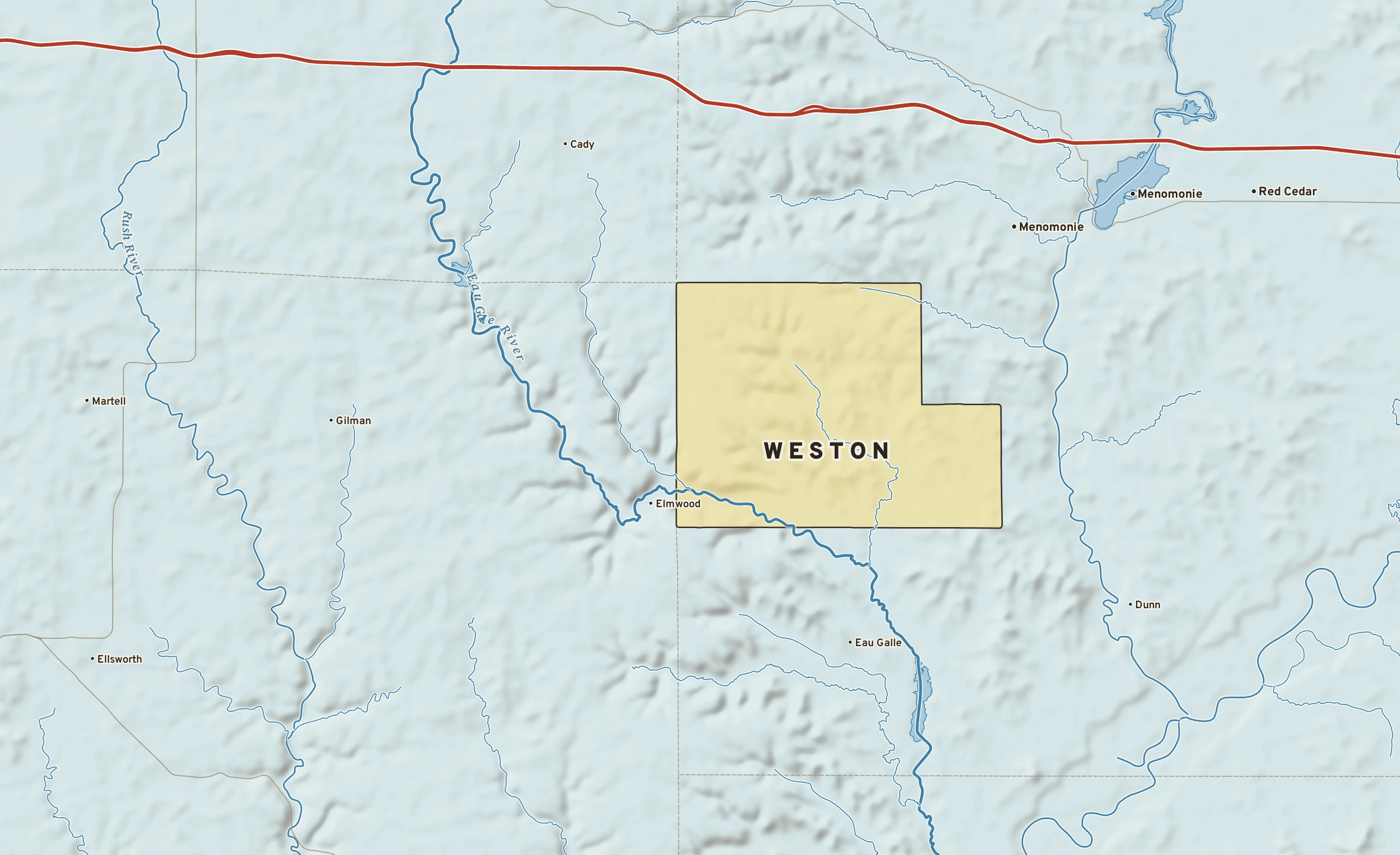 Shaded-relief atlas plate of Weston, Wisconsin: rivers, roads, the city limits and where the water drains.